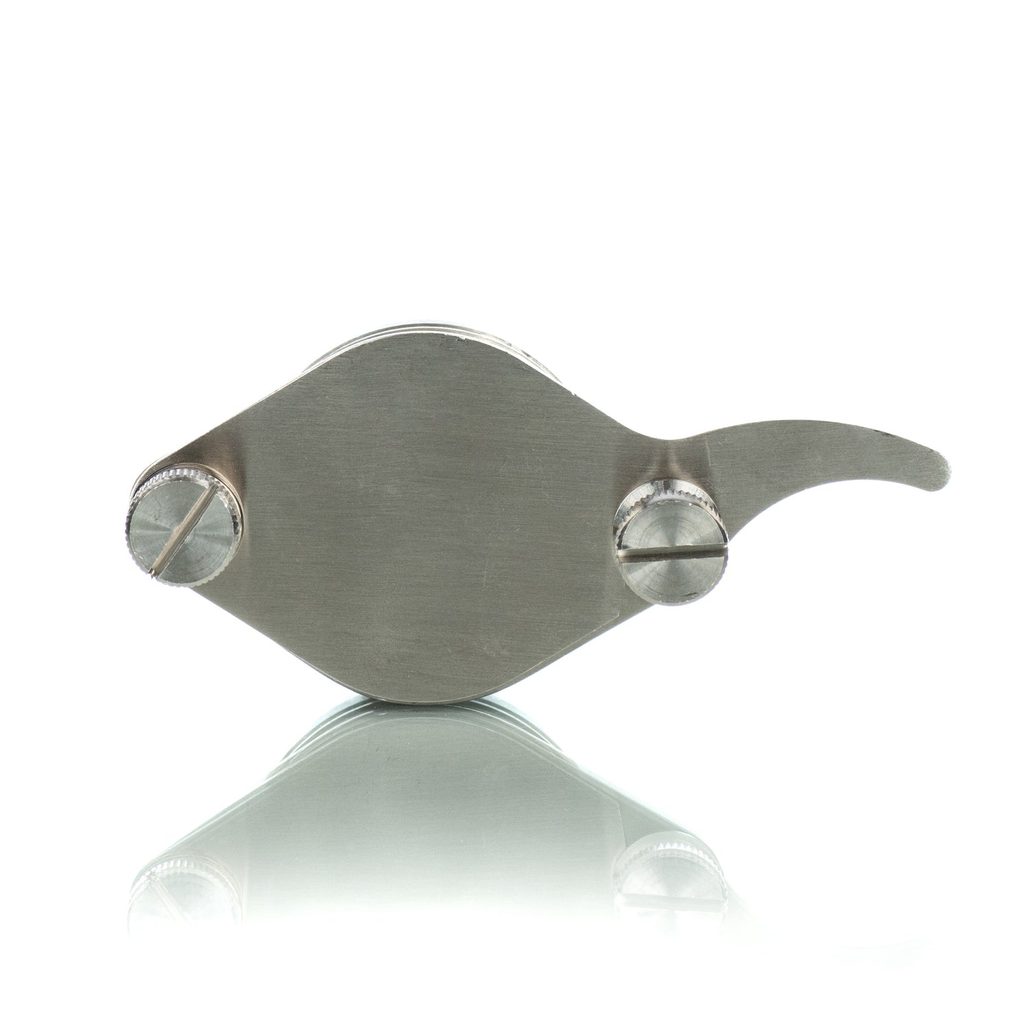 A stainless steel honey gate with a wing-nut style opening on a white background