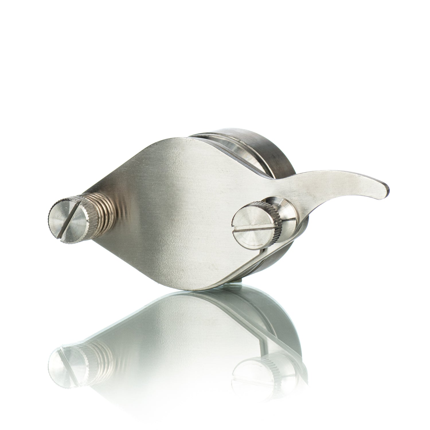 A stainless steel honey gate with a wing-nut style opening on a white background