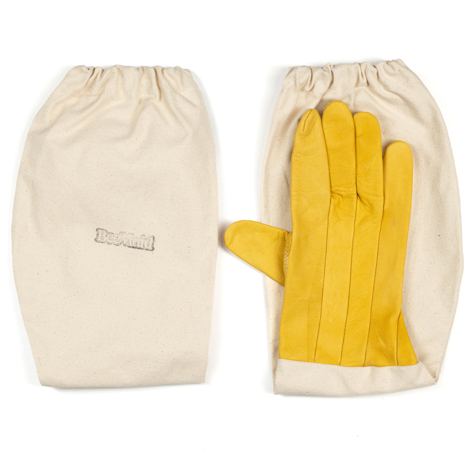 A pair of yellow cowhide gloves with durable canvas cuffs on a white background
