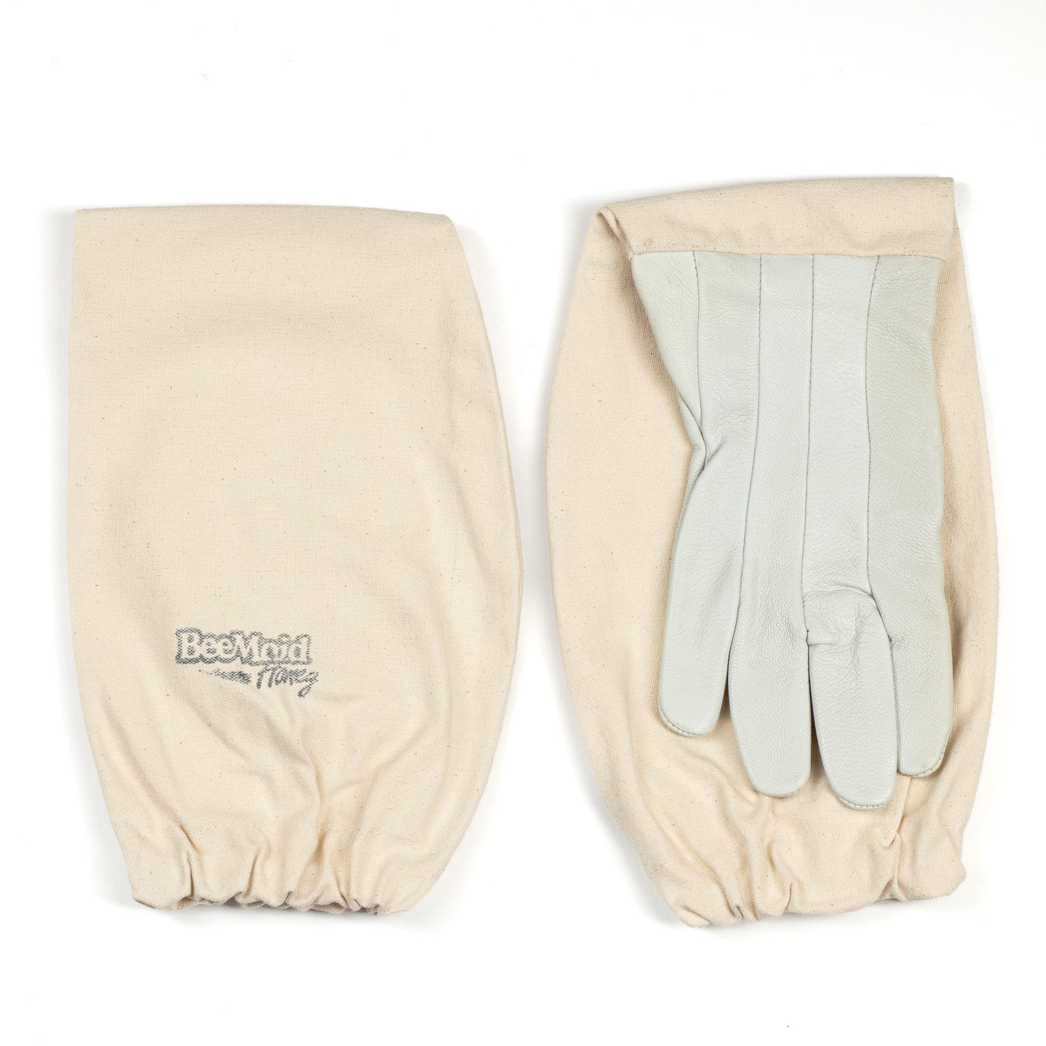 A pair of beige goatskin gloves with durable canvas cuffs, on a white background.
