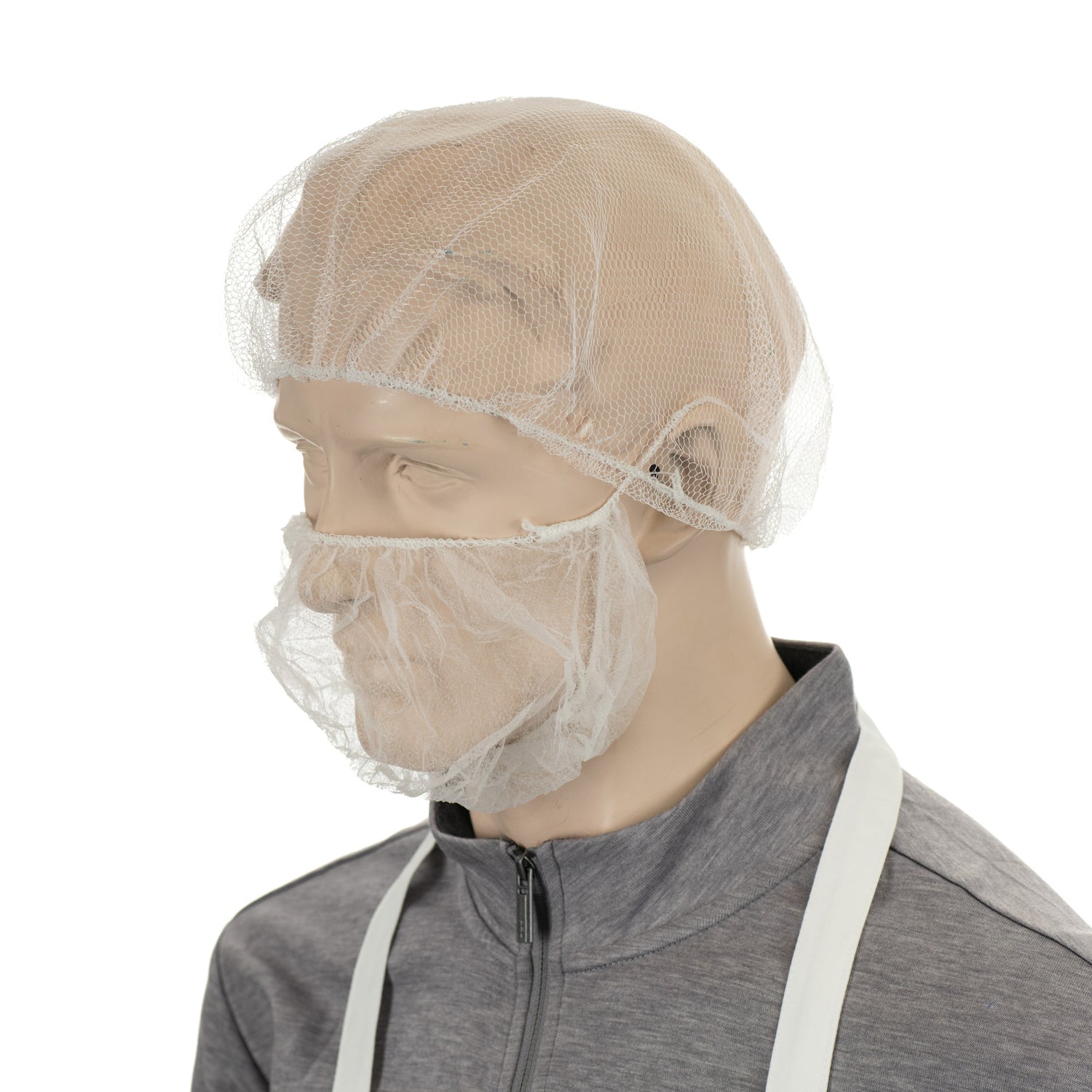 A mannequin wearing a white mesh hairnet and white beard net.