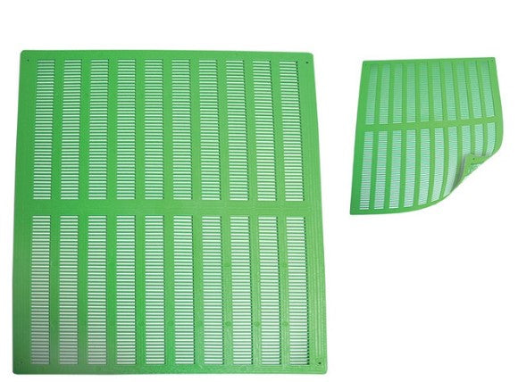 A green plastic mat with vertical slots, designed for collecting propolis from bees.