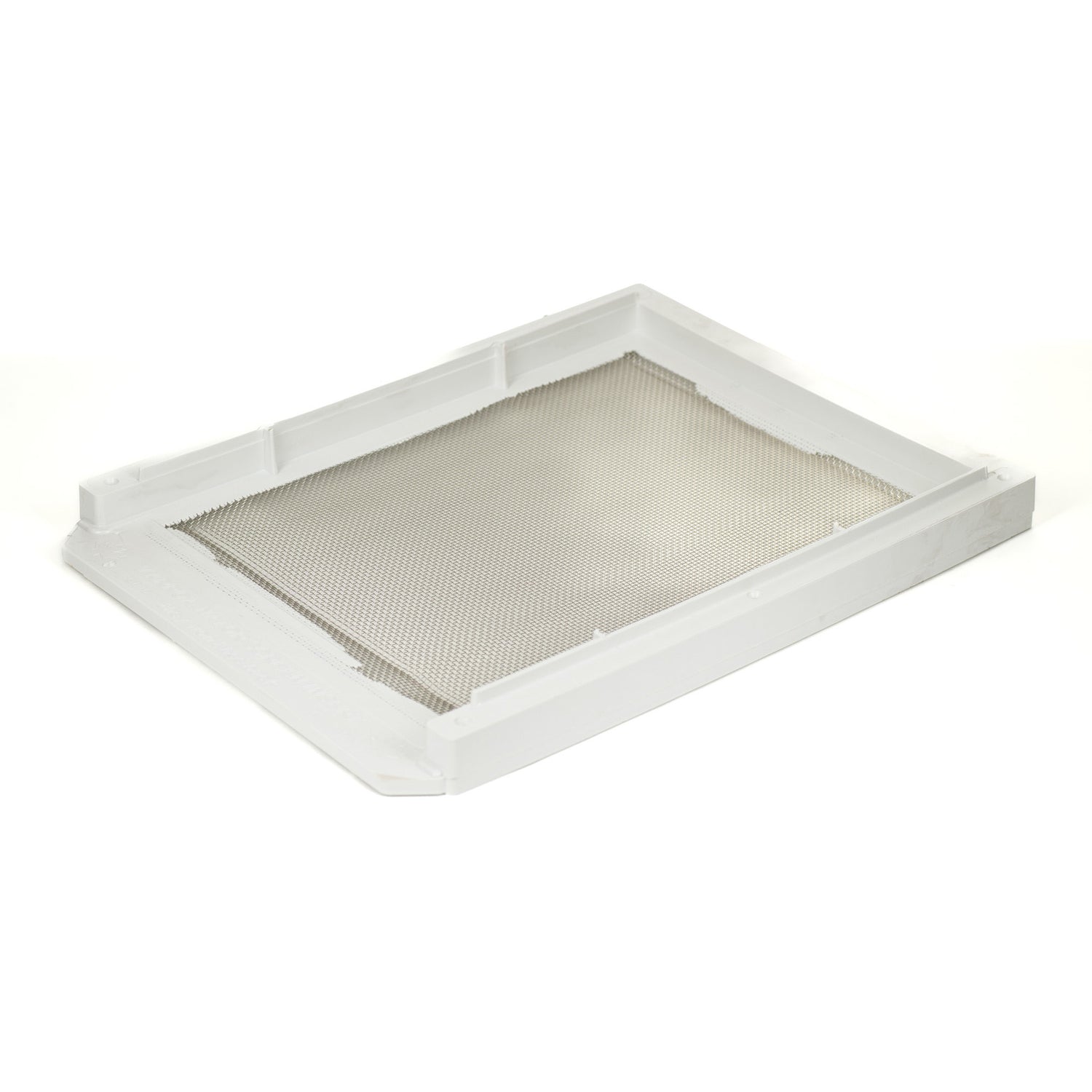 A top view of a white rectangular Varroa-Nator Screen Insert with a stainless steel screen and molded plastic frame.