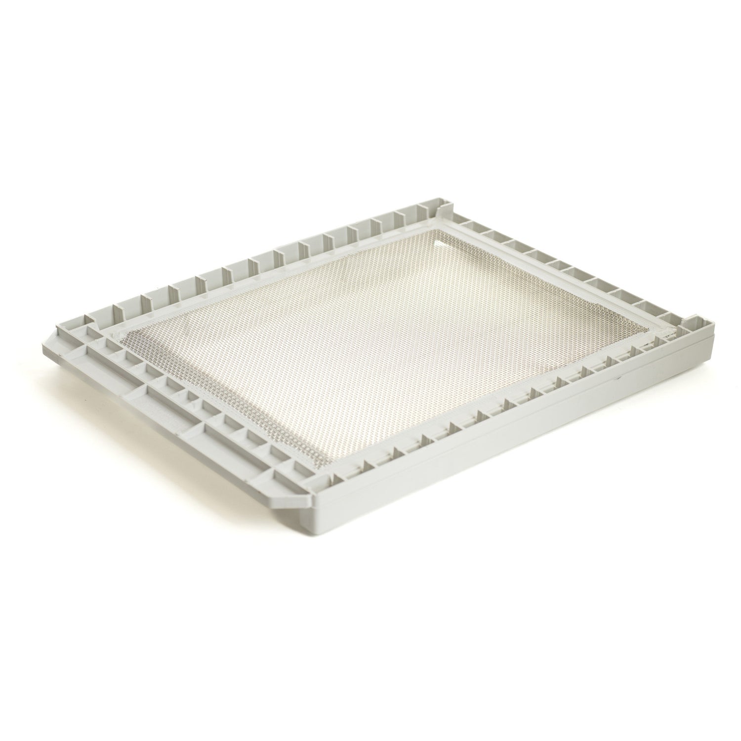 A bottom view of a white rectangular Varroa-Nator Screen Insert with a stainless steel screen and molded plastic frame.