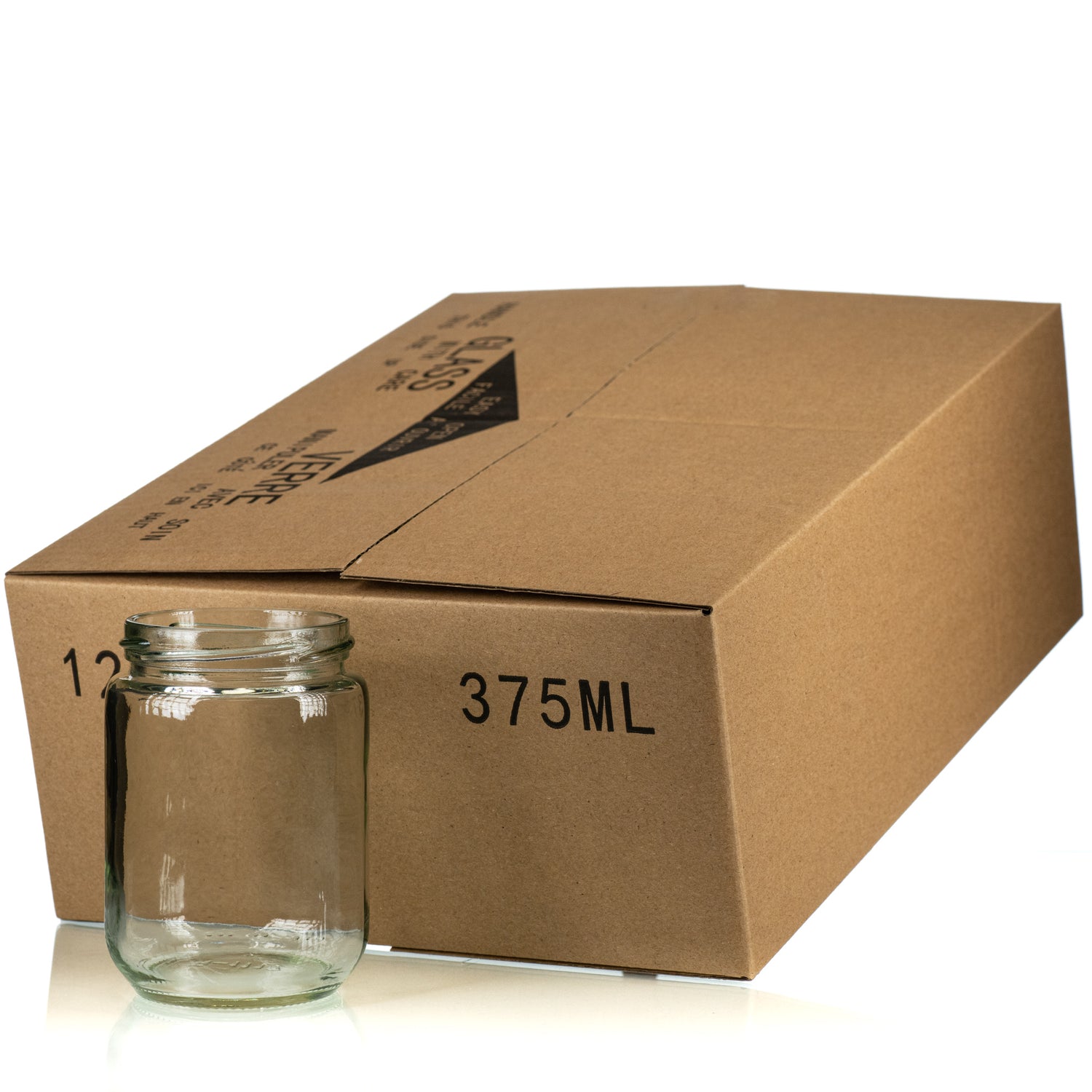 A case of 12 clear 375mL glass jars packaged in a cardboard box.