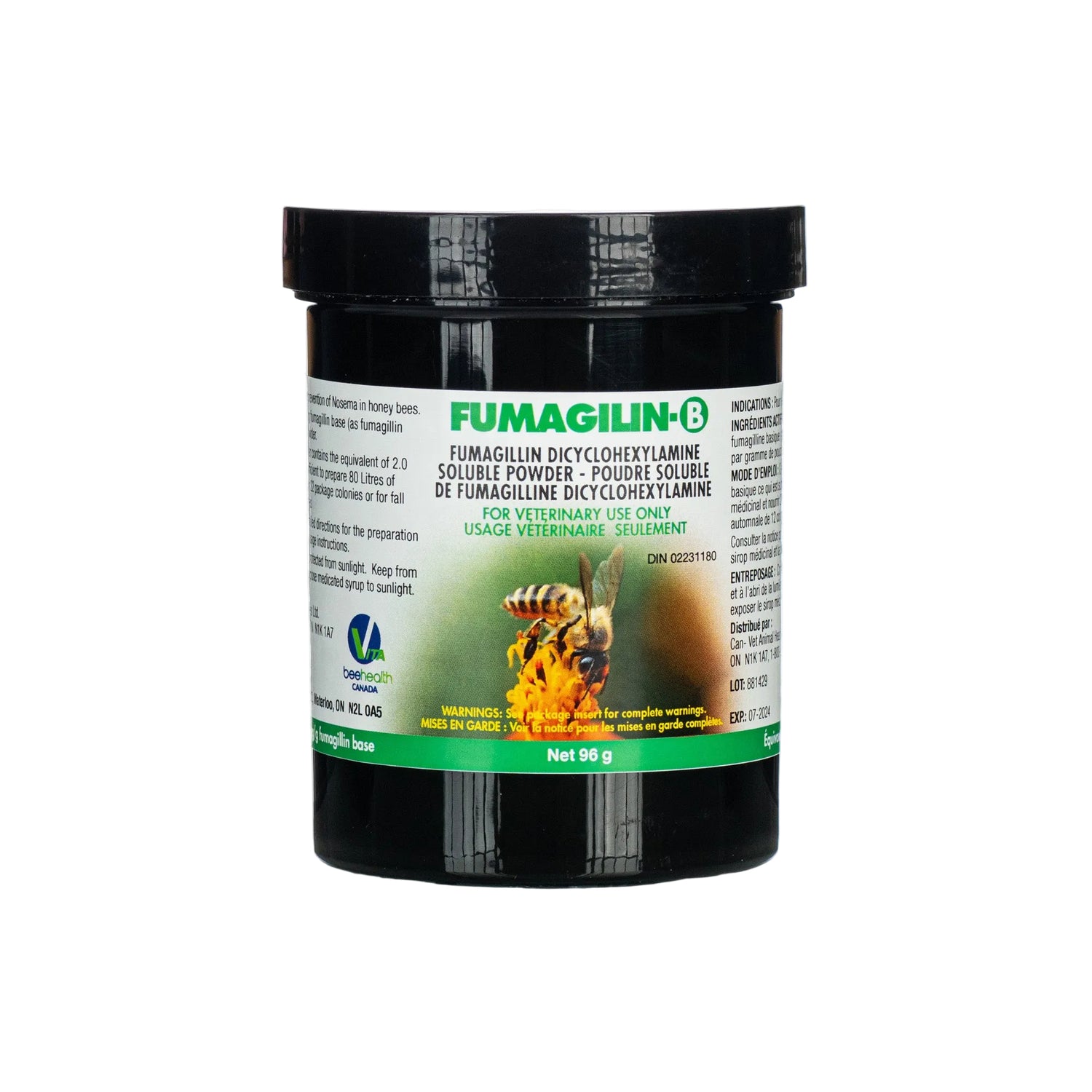 A container labeled 'FUMAGILIN-B' with a description of use for treating Nosema in bees, indicating it is a veterinary medicine for honey bees.