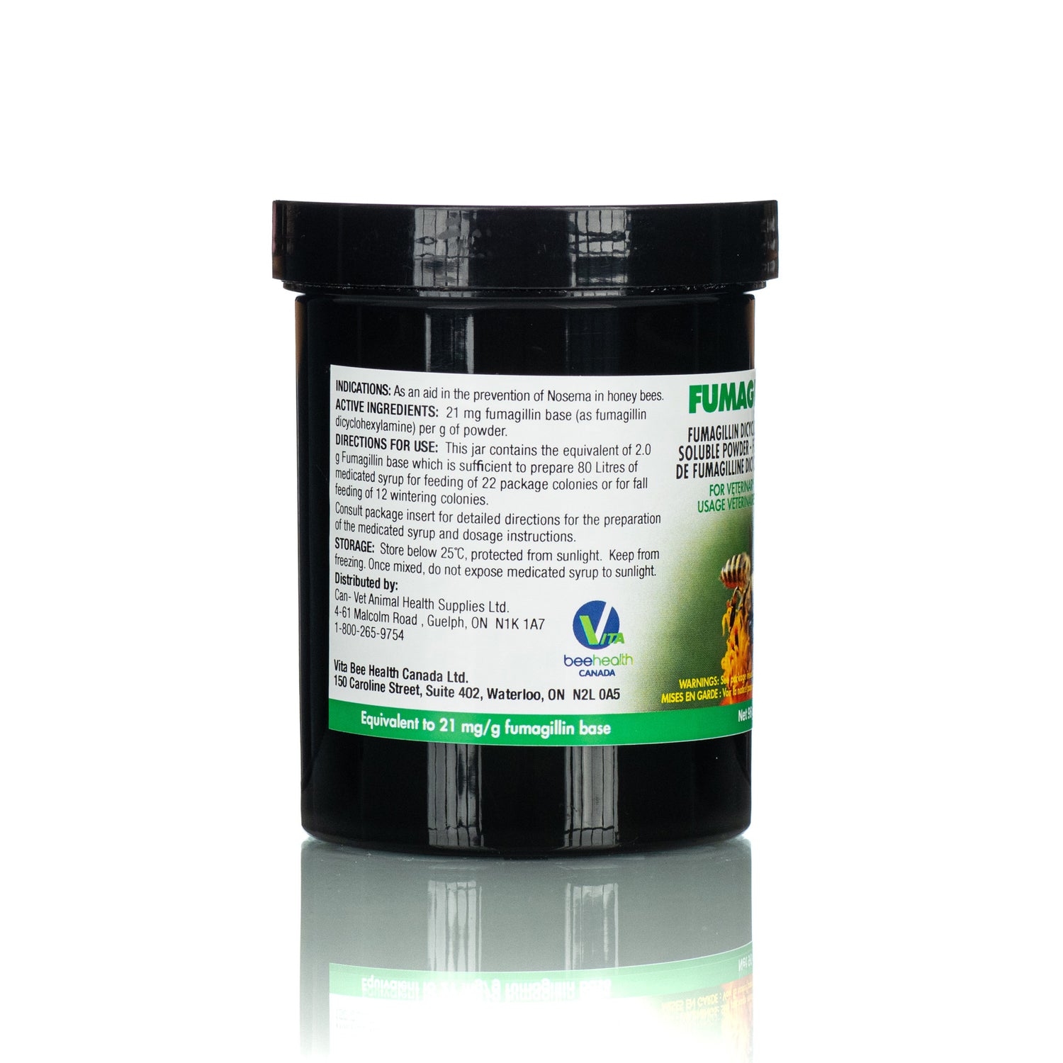 A side view of a container labeled 'FUMAGILIN-B' with a description of use for treating Nosema in bees, indicating it is a veterinary medicine for honey bees.