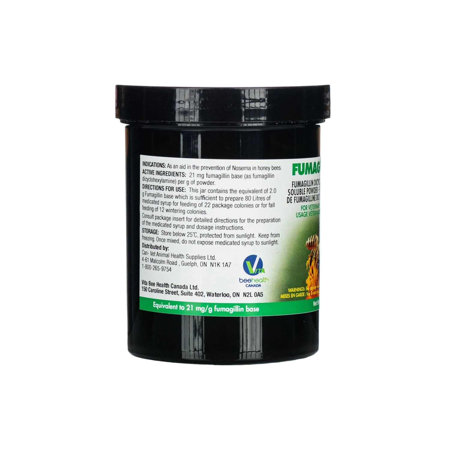 A side view of a container labeled 'FUMAGILIN-B' with a description of use for treating Nosema in bees, indicating it is a veterinary medicine for honey bees.