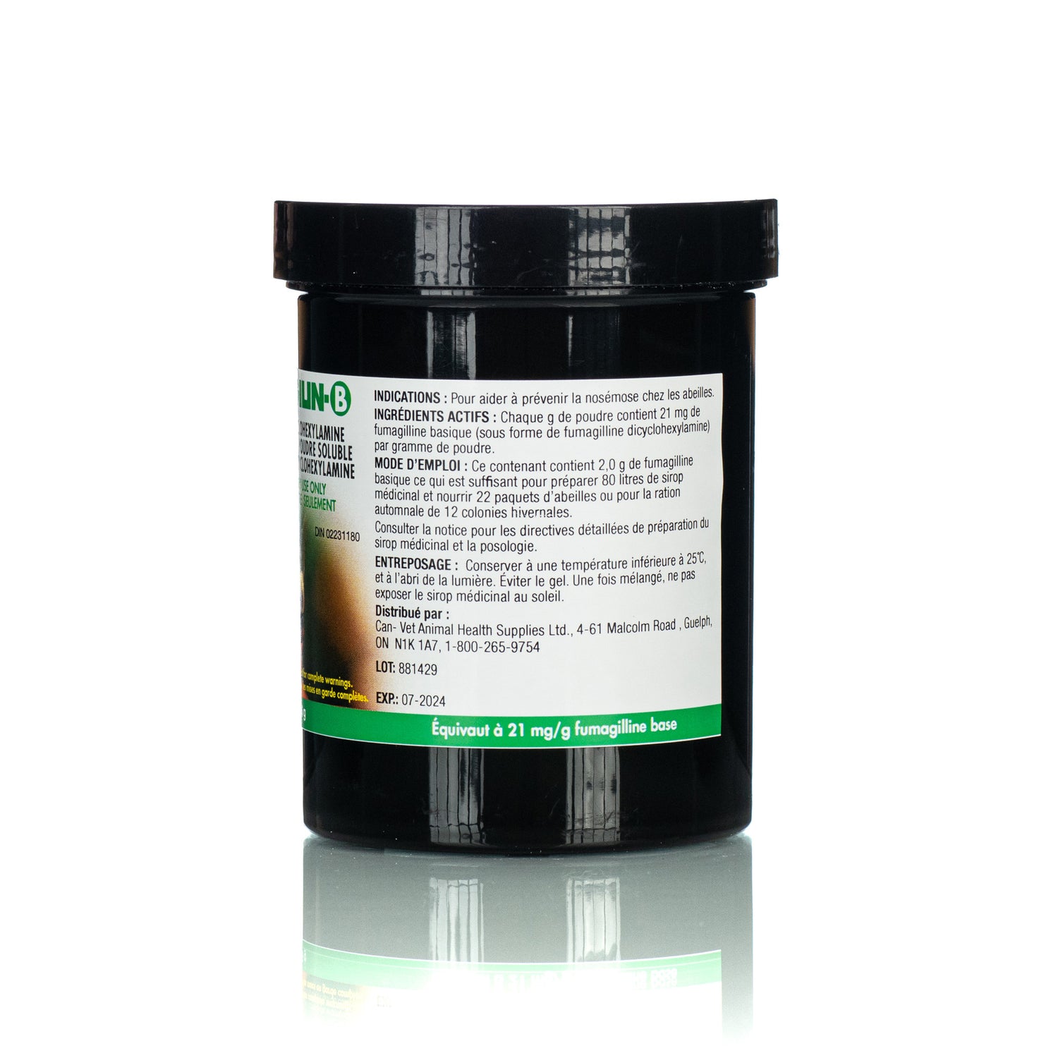 A side view of a container labeled 'FUMAGILIN-B' with a description of use for treating Nosema in bees, indicating it is a veterinary medicine for honey bees.