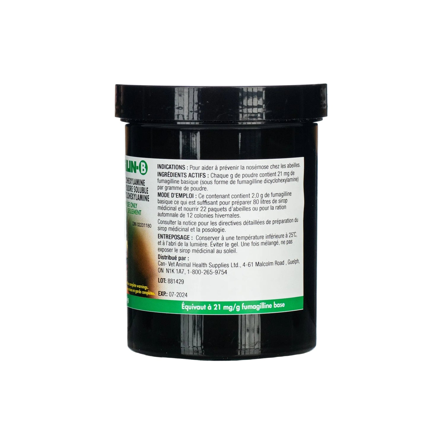 A side view of a container labeled 'FUMAGILIN-B' with a description of use for treating Nosema in bees, indicating it is a veterinary medicine for honey bees.