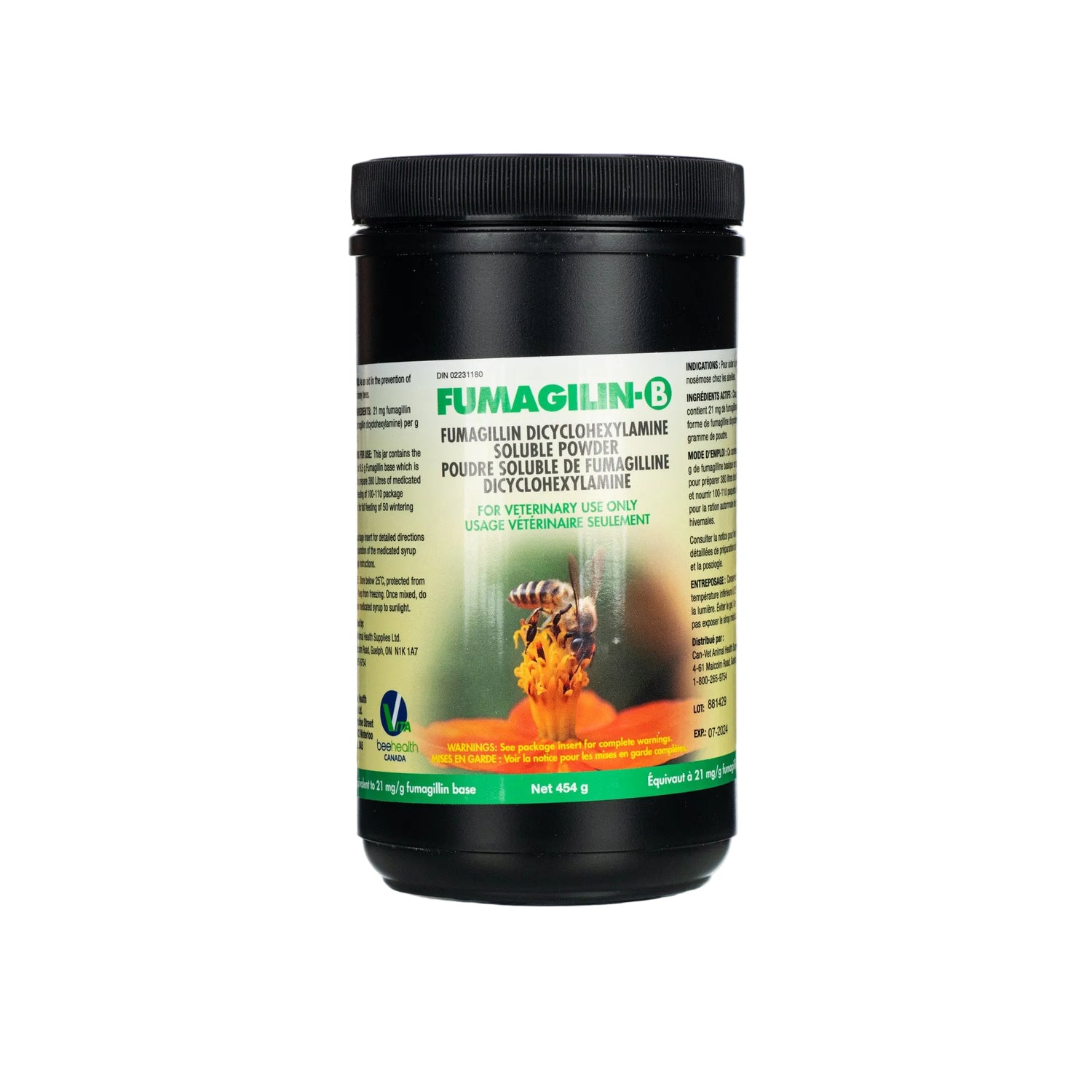 A container labeled 'FUMAGILIN-B' with a description of use for treating Nosema in bees, indicating it is a veterinary medicine for honey bees.