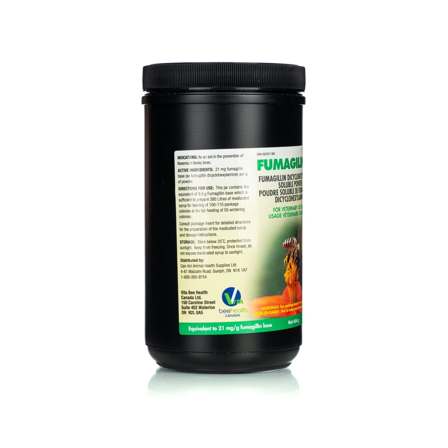 A side view of a container labeled 'FUMAGILIN-B' with a description of use for treating Nosema in bees, indicating it is a veterinary medicine for honey bees.