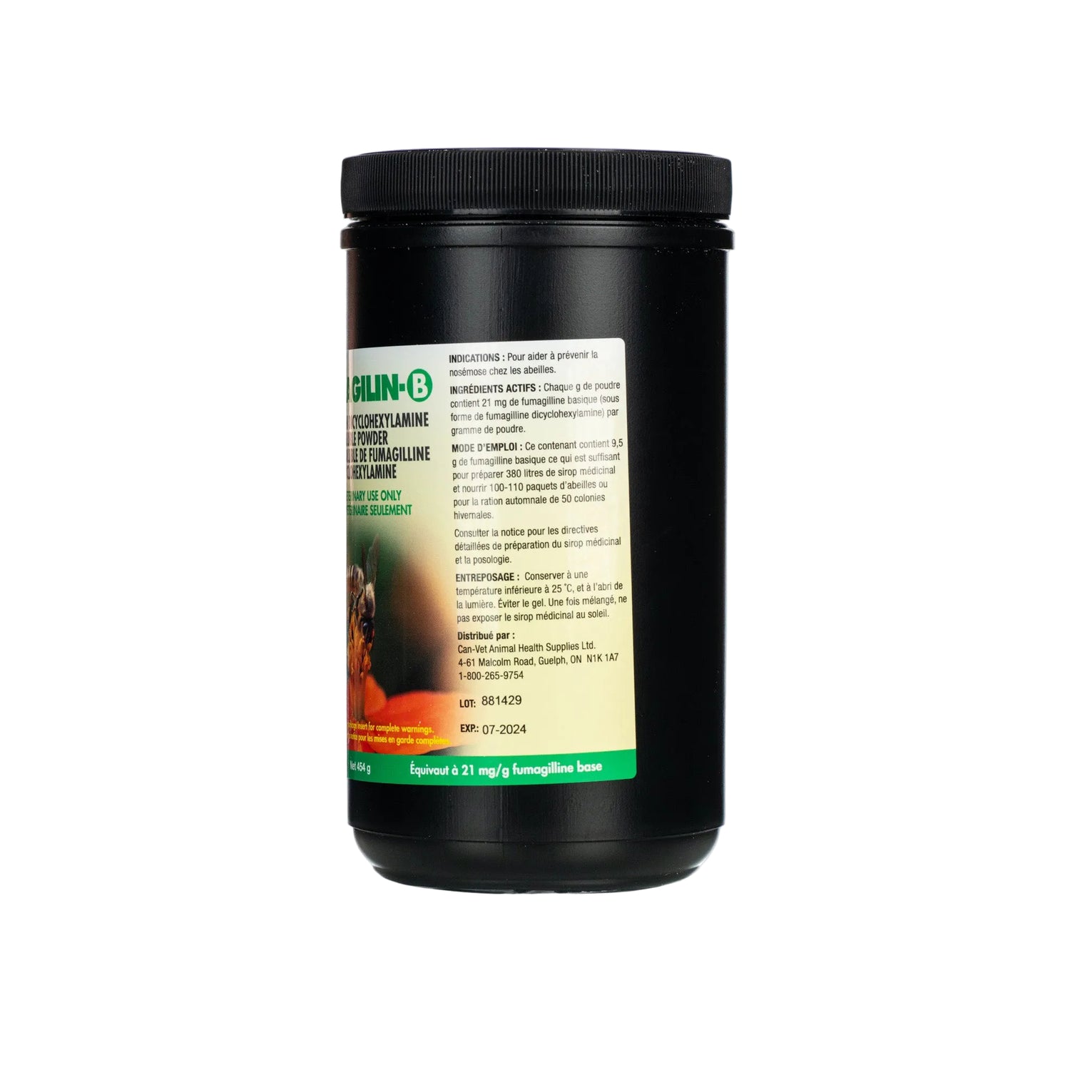 A side view of a container labeled 'FUMAGILIN-B' with a description of use for treating Nosema in bees, indicating it is a veterinary medicine for honey bees.