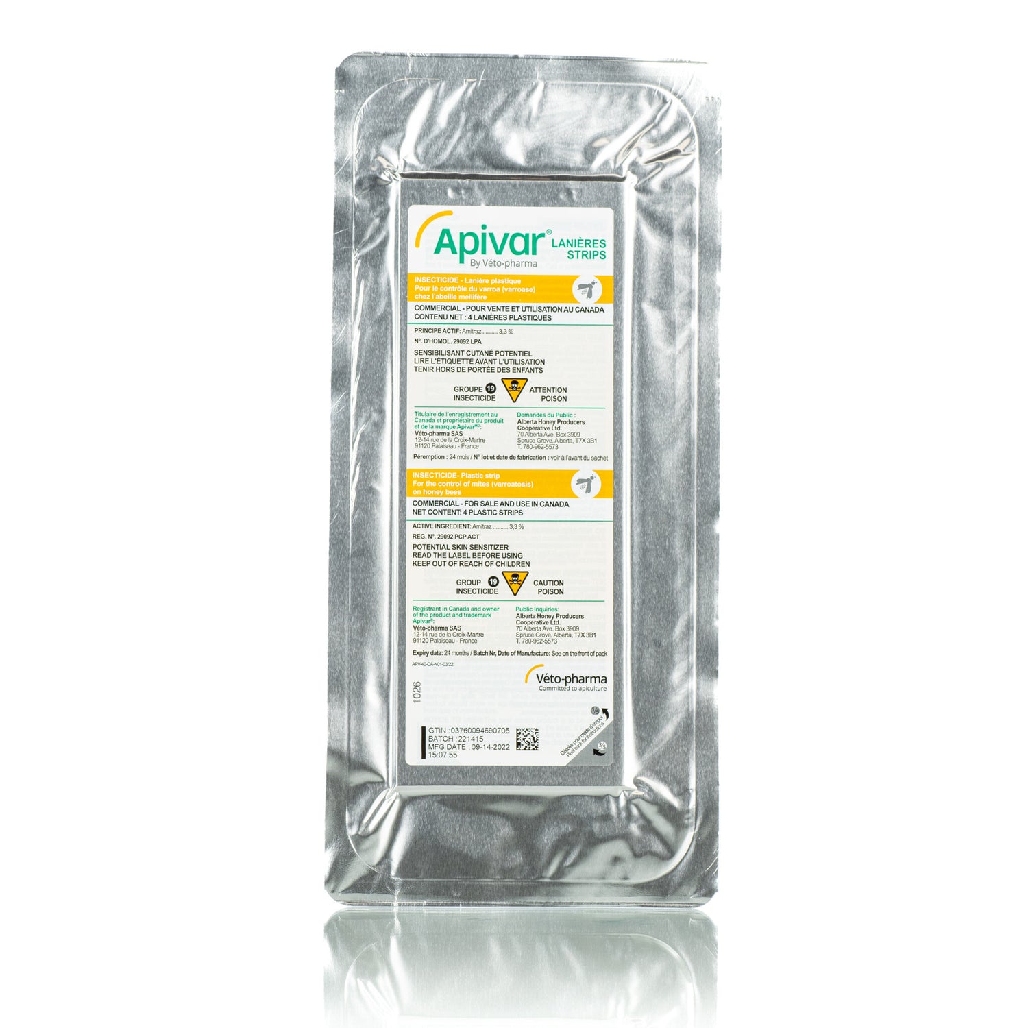 A sealed package of Apivar strips used for mite control in honey bee hives.