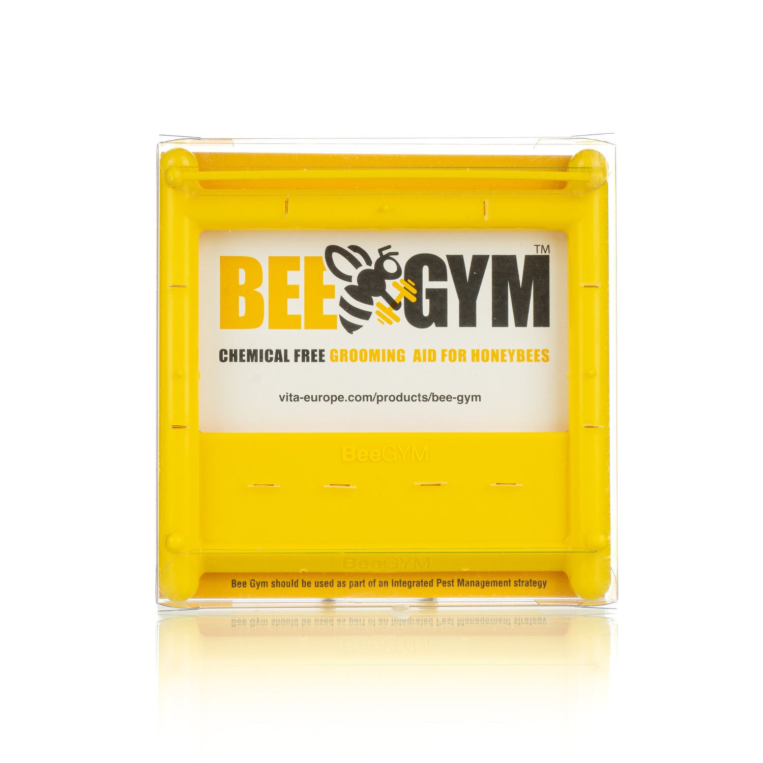 A yellow bee grooming device called the Bee Gym, designed for bees to remove mites from their bodies.