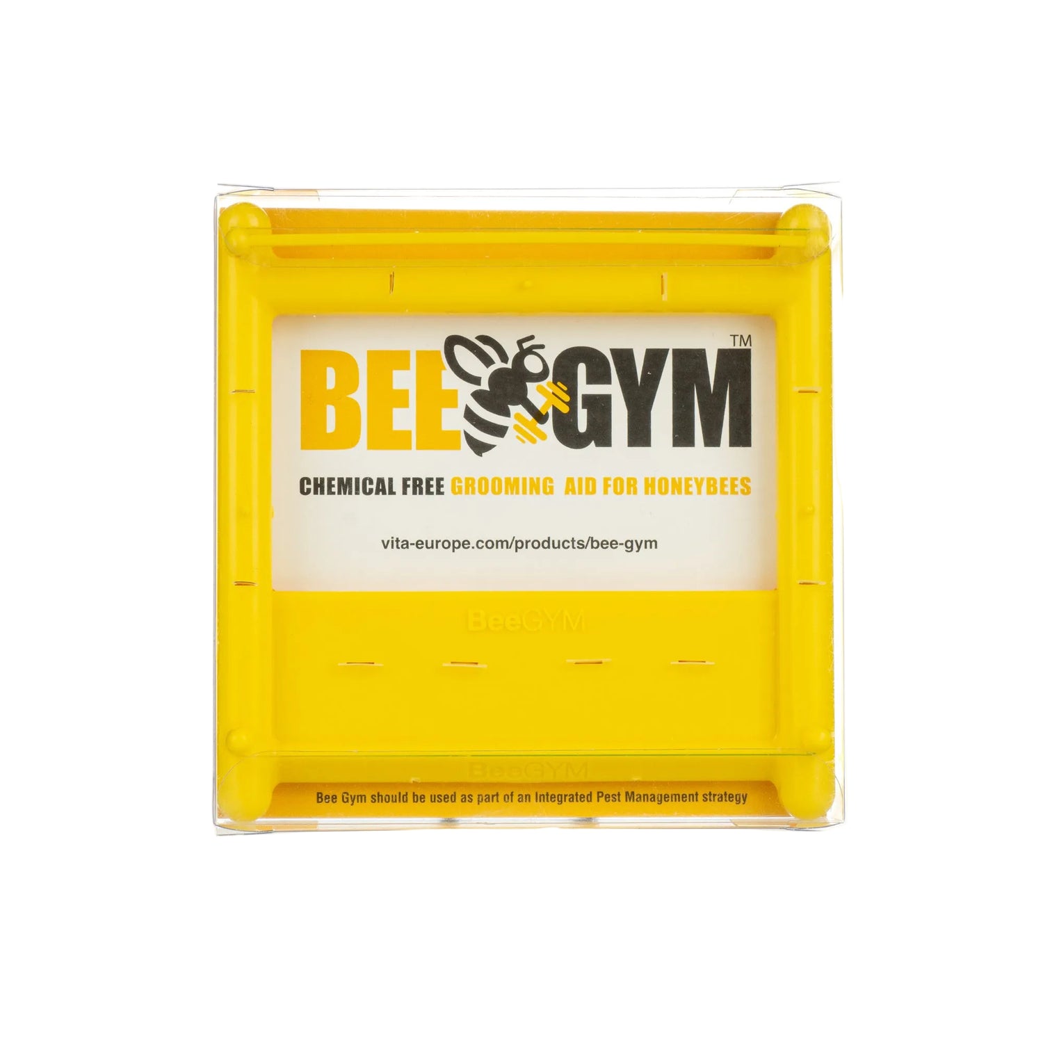 A yellow bee grooming device called the Bee Gym, designed for bees to remove mites from their bodies.