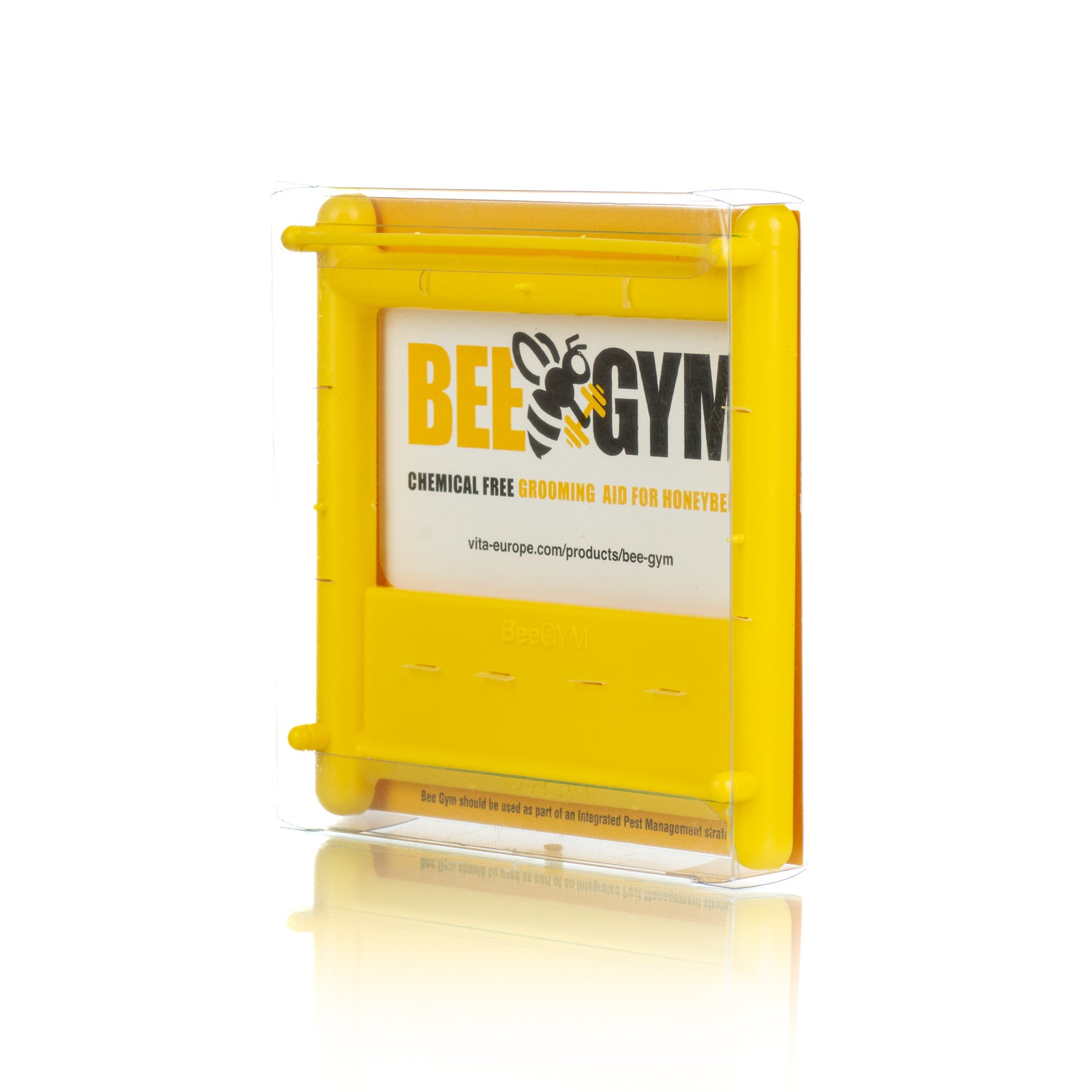 A side view of a yellow bee grooming device called the Bee Gym, designed for bees to remove mites from their bodies.