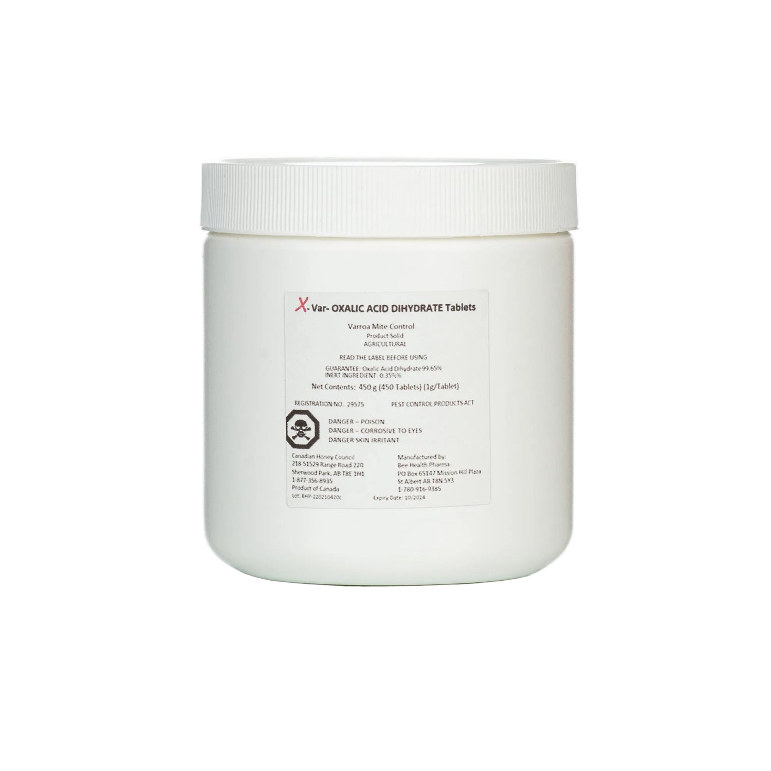 A white jar containing 50 tablets labeled X-Varr Oxalic Acid used for controlling mites in honeybees.
