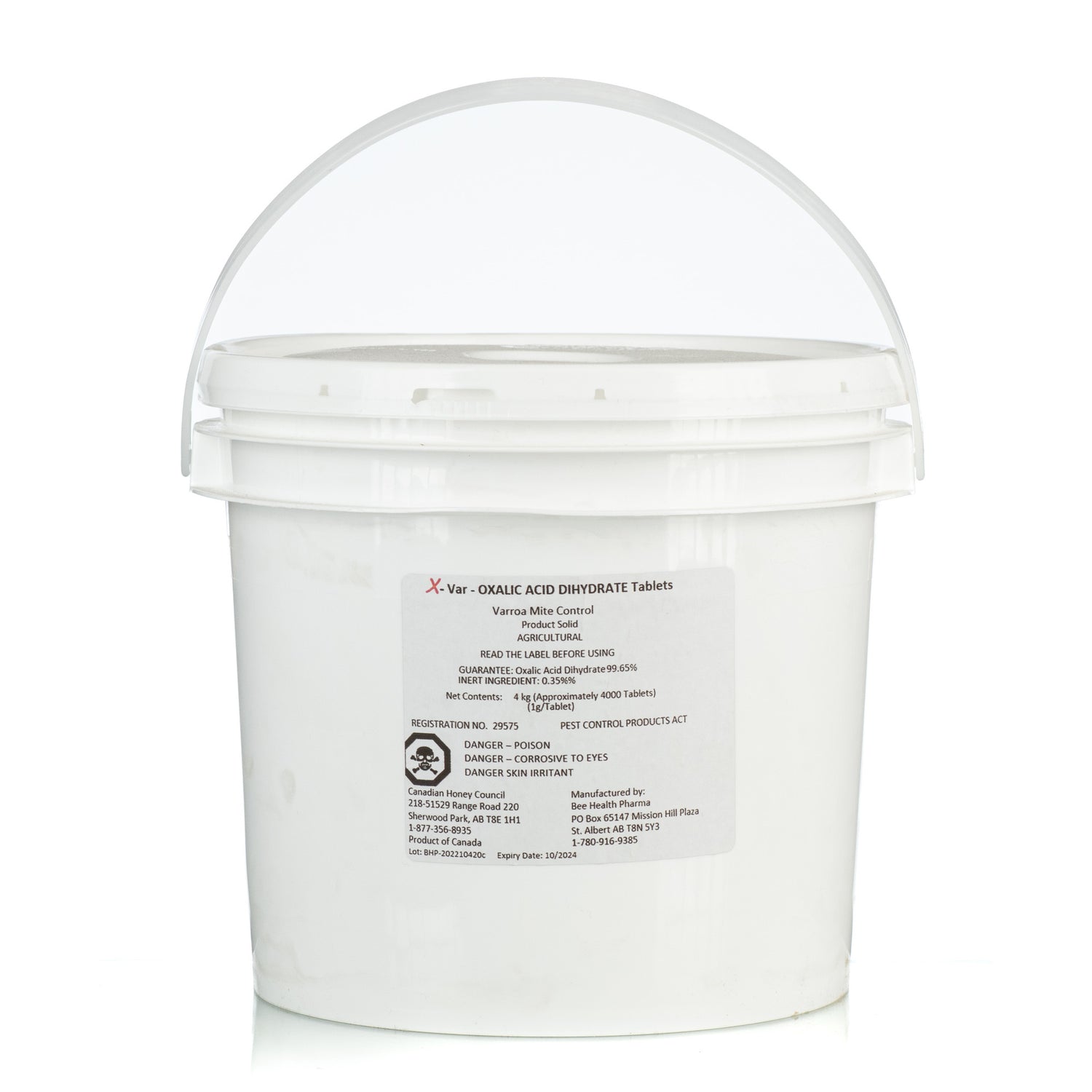 A white pail containing around 4000 tablets labeled X-Varr Oxalic Acid used for controlling mites in honeybees.