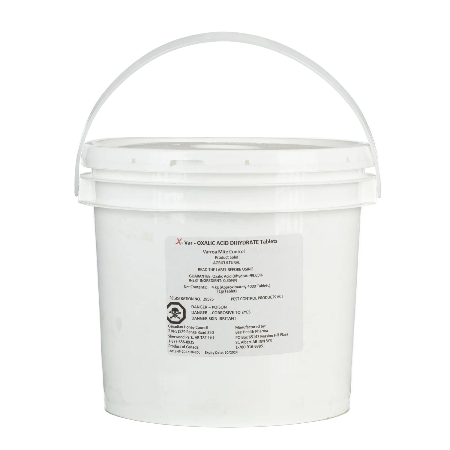 A white pail containing around 4000 tablets labeled X-Varr Oxalic Acid used for controlling mites in honeybees.