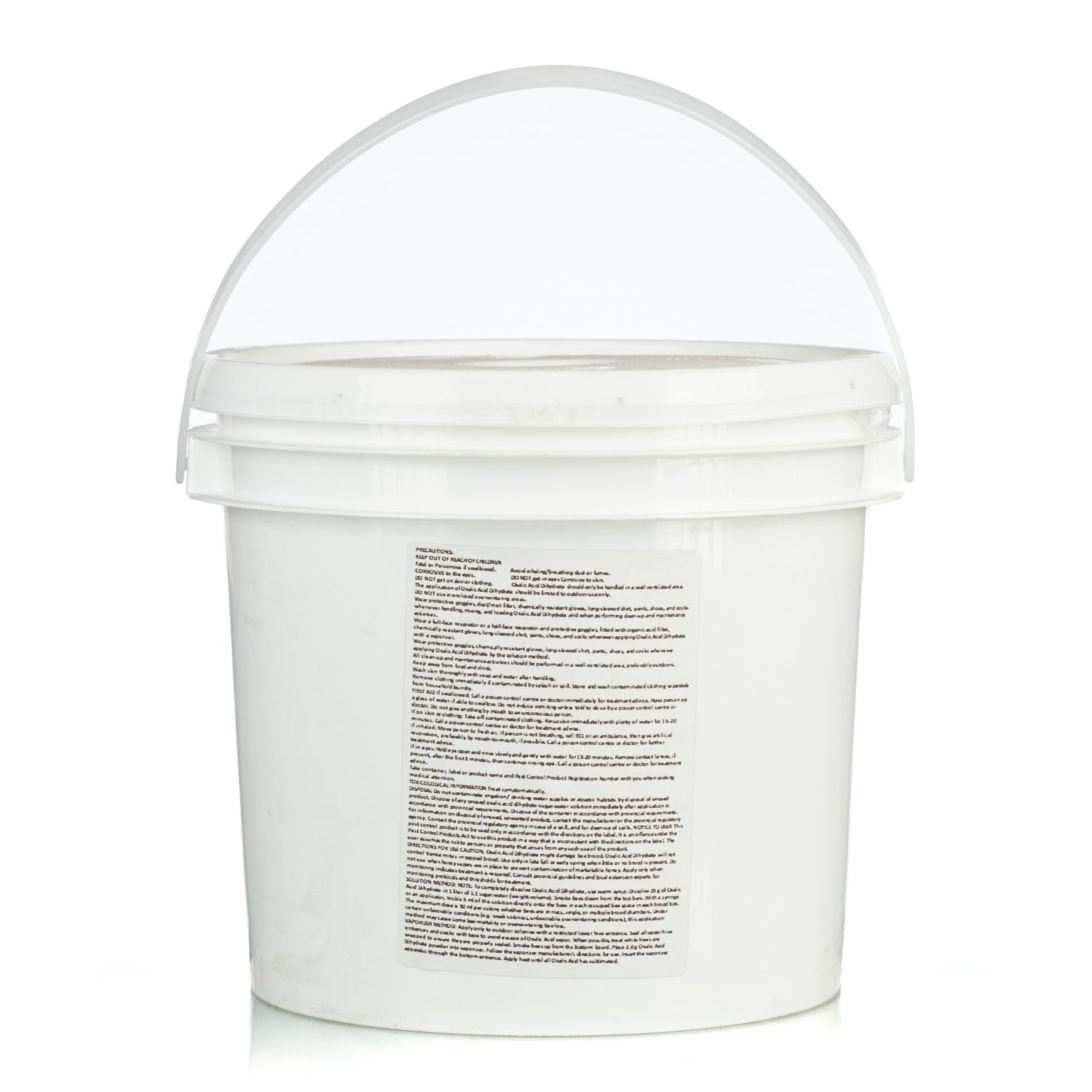 A back view of a white pail containing around 4000 tablets labeled X-Varr Oxalic Acid used for controlling mites in honeybees.