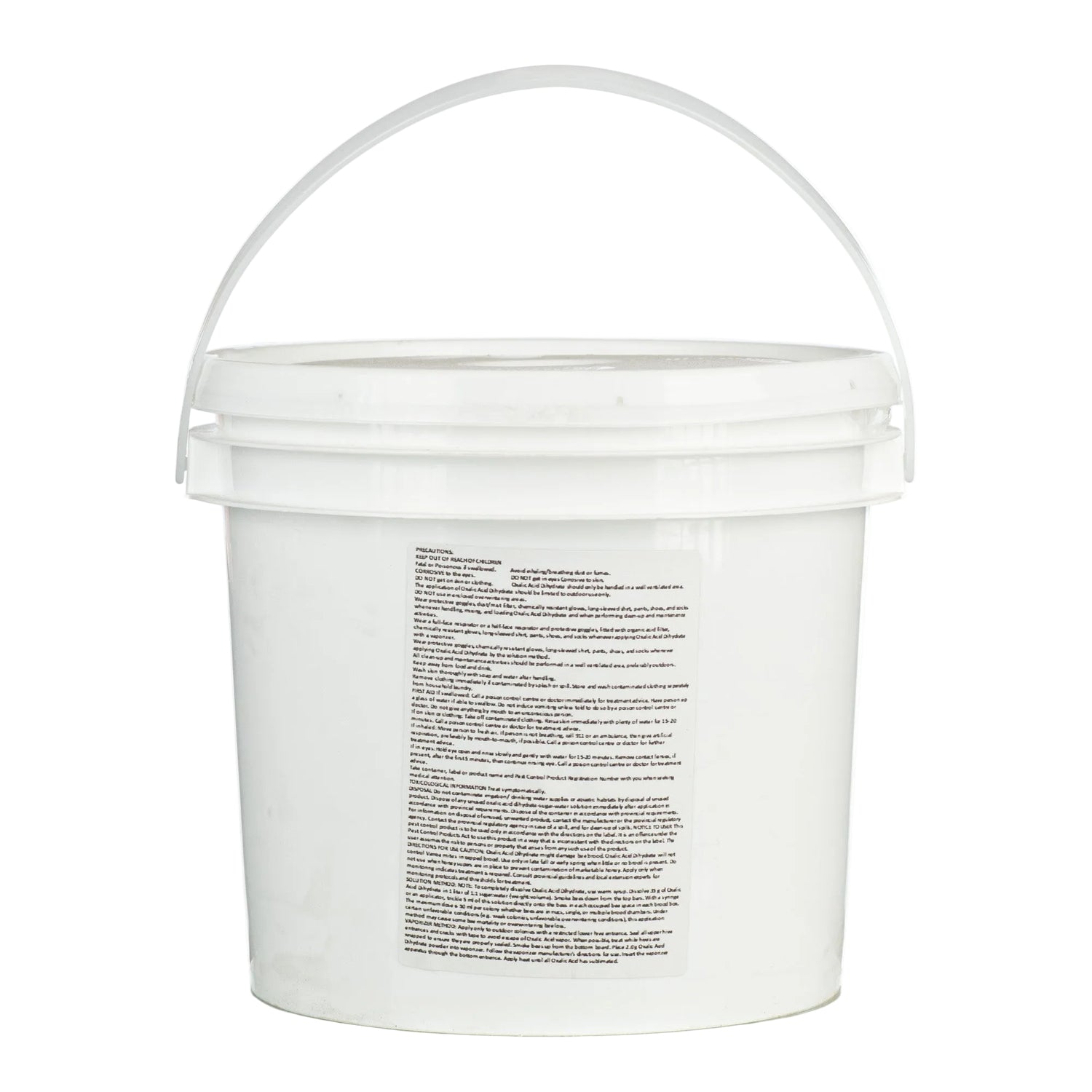 A back view of a white pail containing around 4000 tablets labeled X-Varr Oxalic Acid used for controlling mites in honeybees.