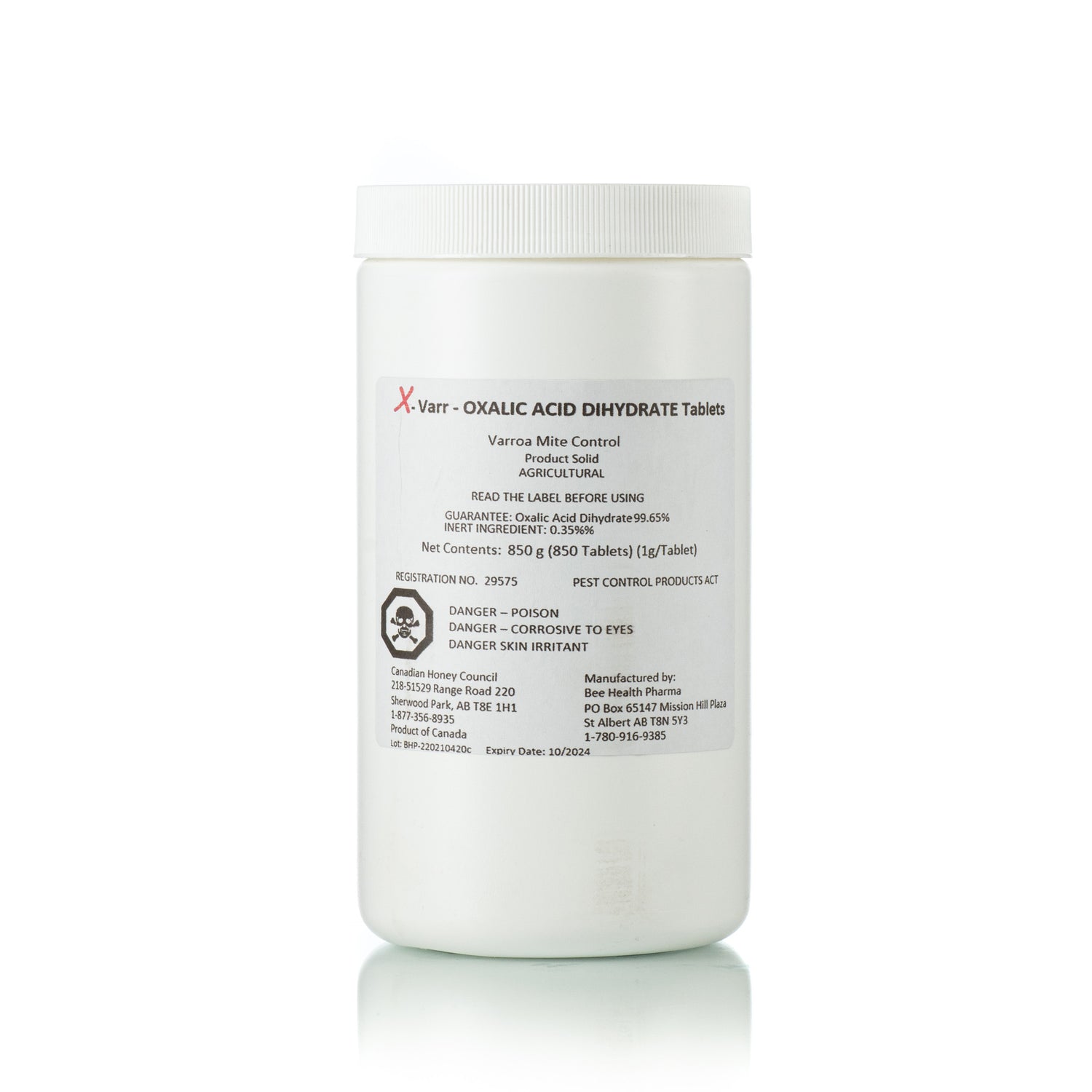 A white jar containing 850 tablets labeled X-Varr Oxalic Acid used for controlling mites in honeybees.