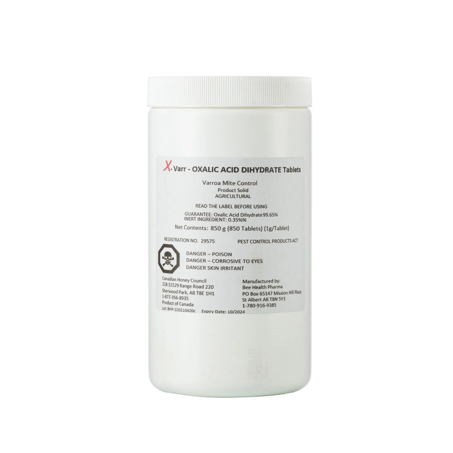 A white jar containing 850 tablets labeled X-Varr Oxalic Acid used for controlling mites in honeybees.