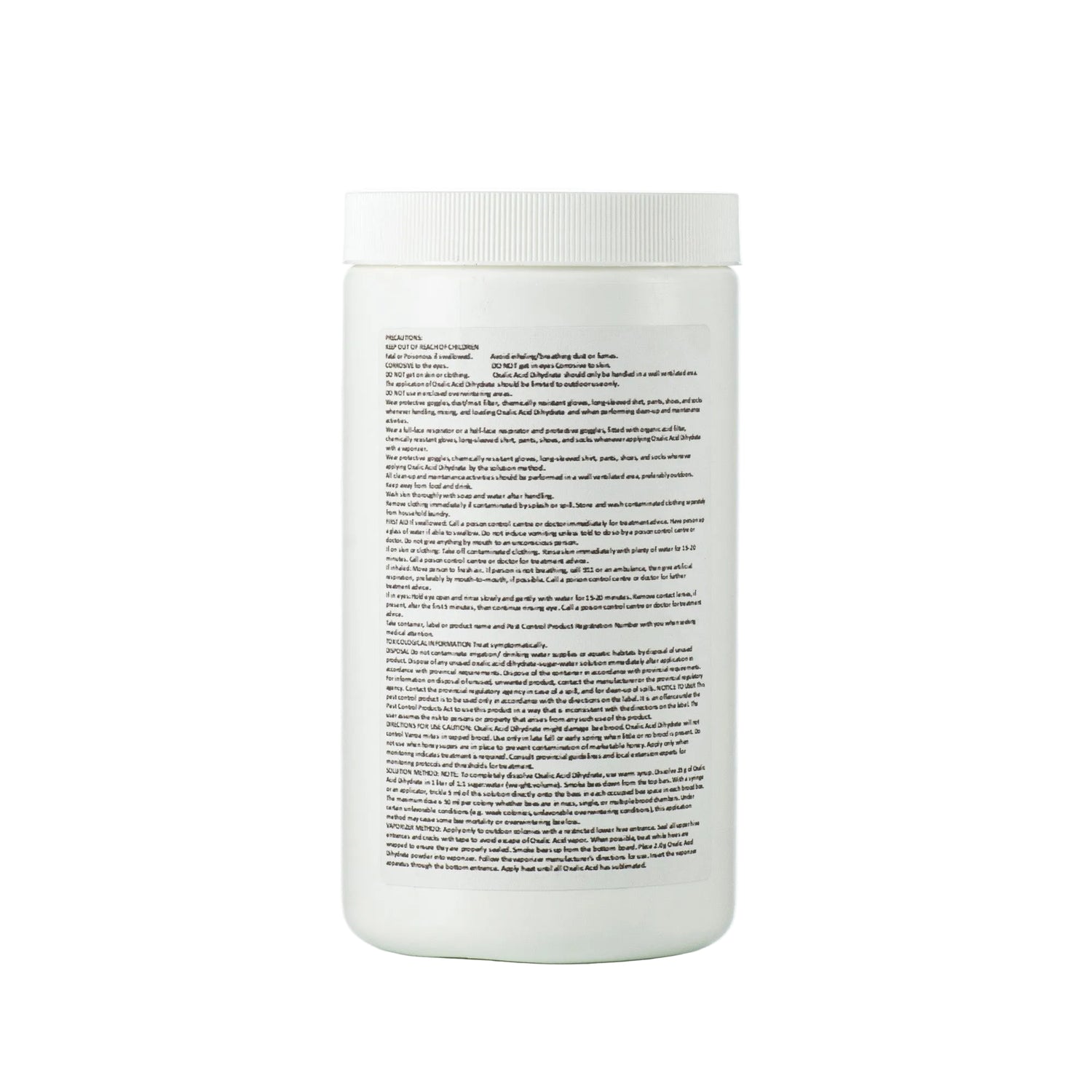 The back view of a white jar containing 850 tablets labeled X-Varr Oxalic Acid used for controlling mites in honeybees.