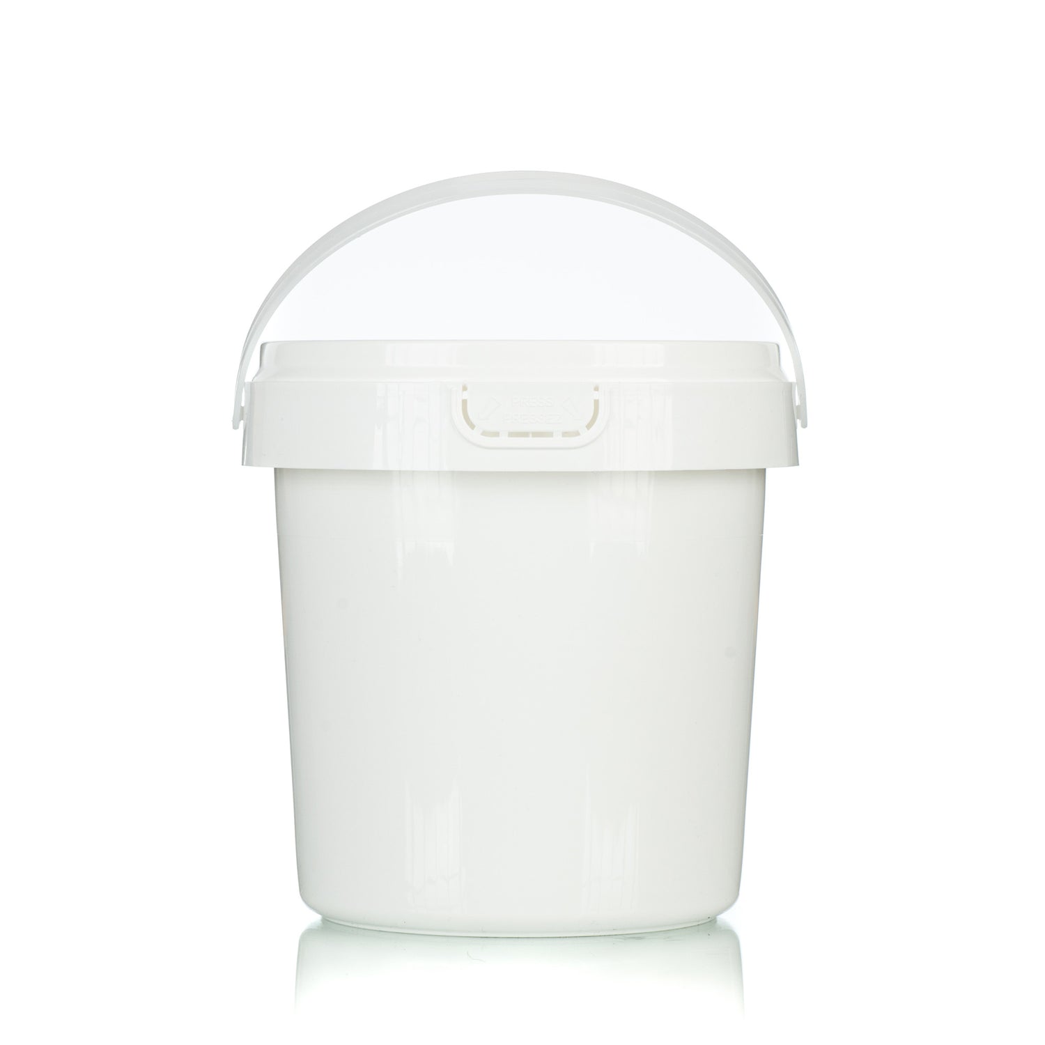 A white plastic pail with a secure snap-on lid and a carrying handle, suitable for storing and transporting creamed or liquid honey.