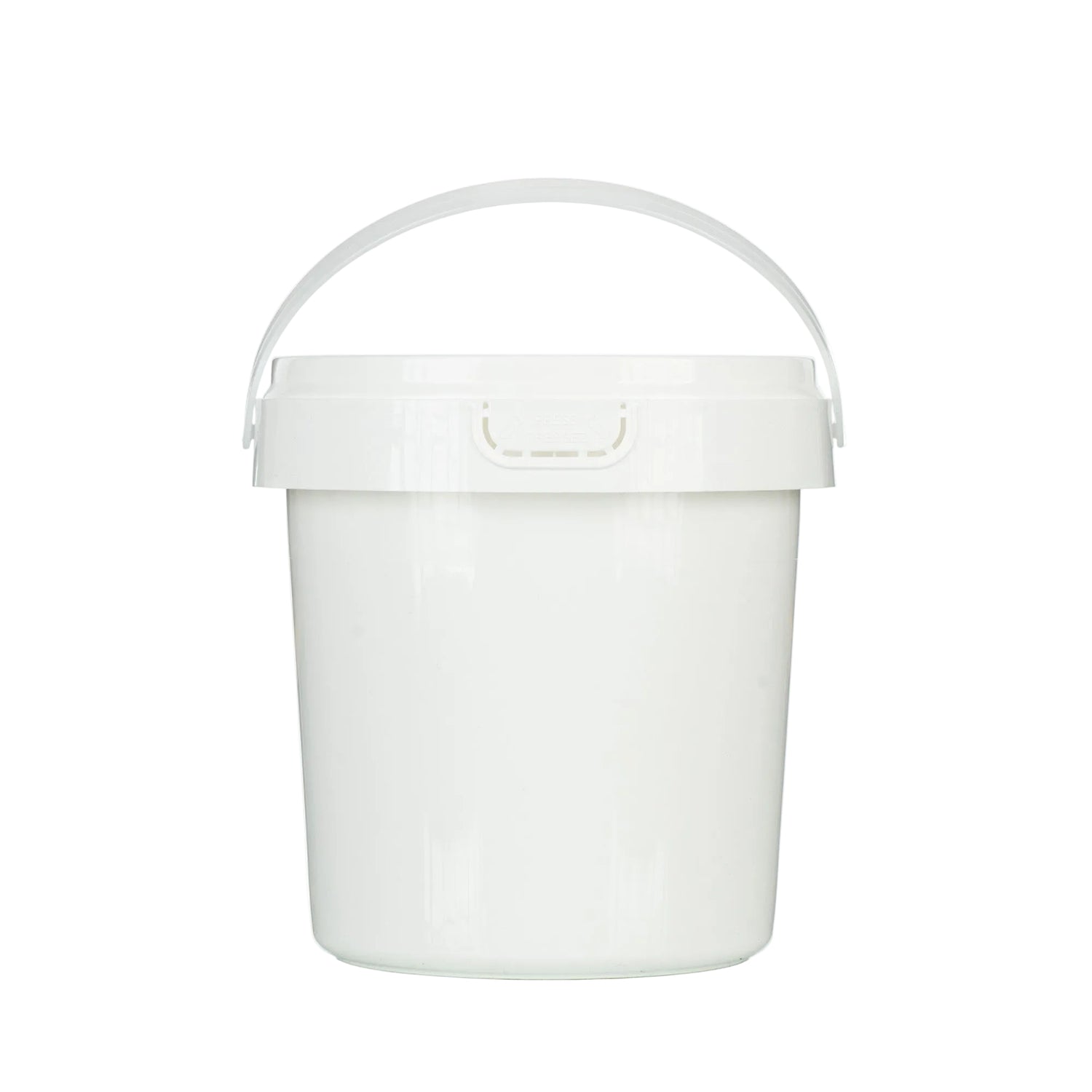 A white plastic pail with a secure snap-on lid and a carrying handle, suitable for storing and transporting creamed or liquid honey.