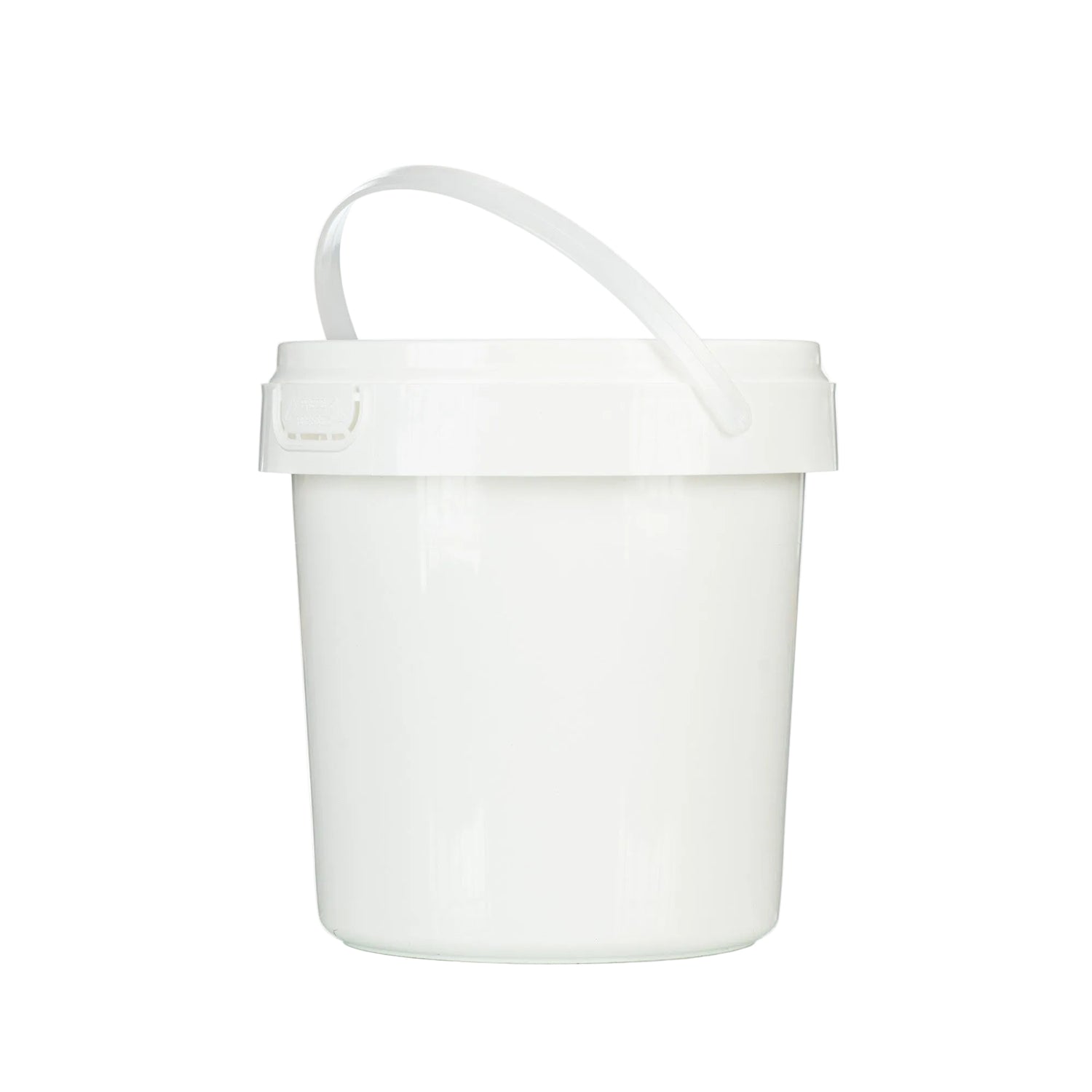 A white plastic pail with a secure snap-on lid and a carrying handle, suitable for storing and transporting creamed or liquid honey.