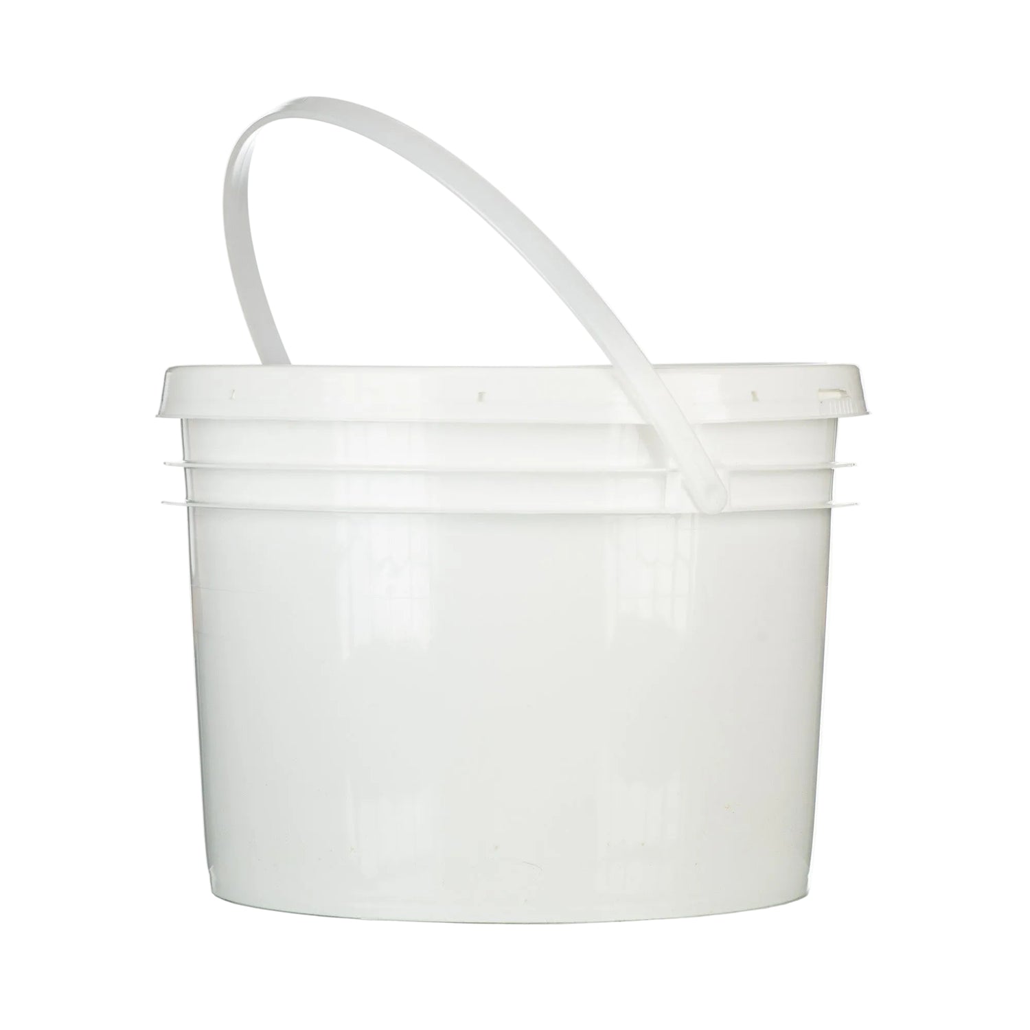 A white 4-litre plastic pail with a secure snap-on lid and sturdy carrying handle, designed for storing and transporting honey.