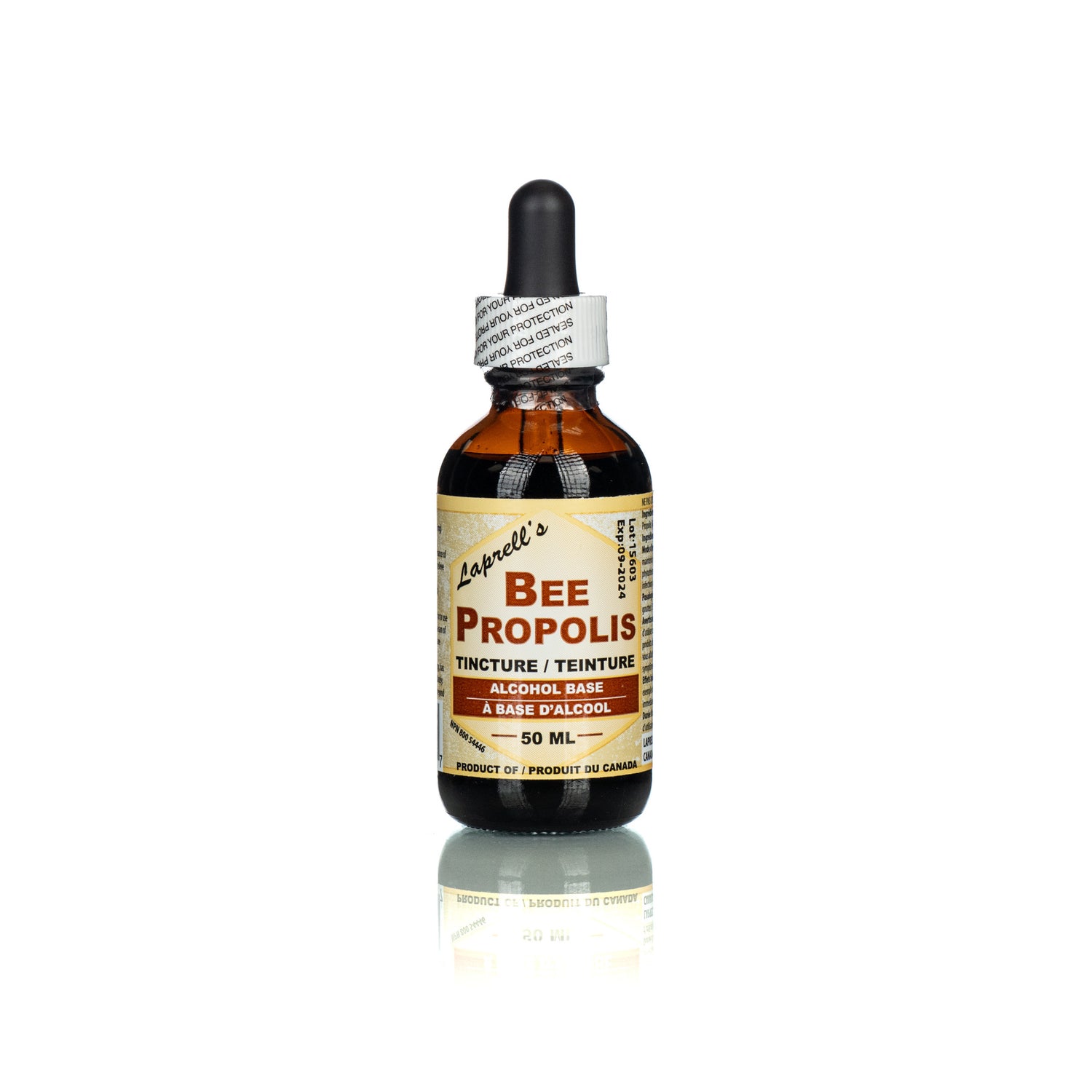 A 50ml bottle of Laprell's Bee Propolis tincture with a dropper on a white background