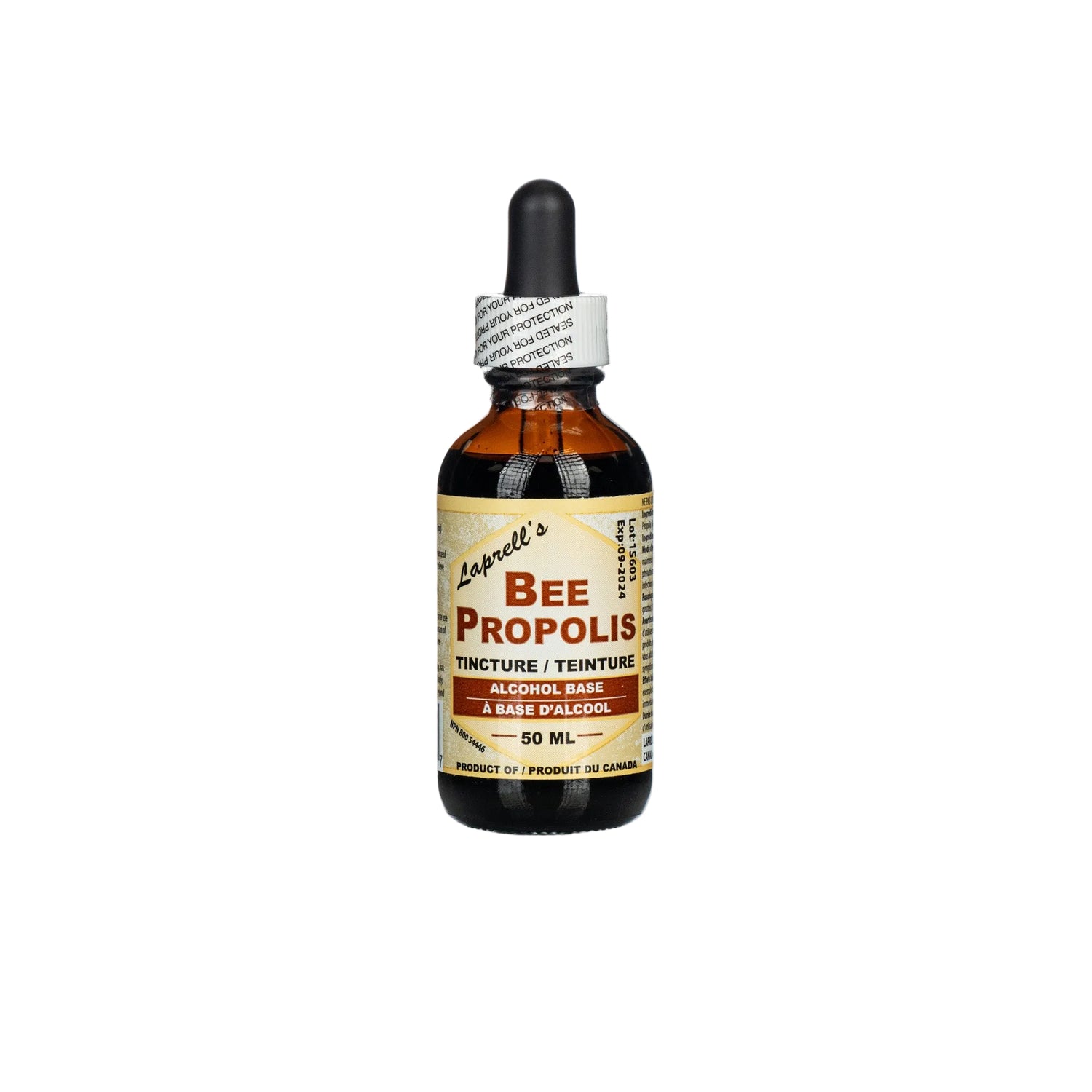 A 50ml bottle of Laprell's Bee Propolis tincture with a dropper on a white background