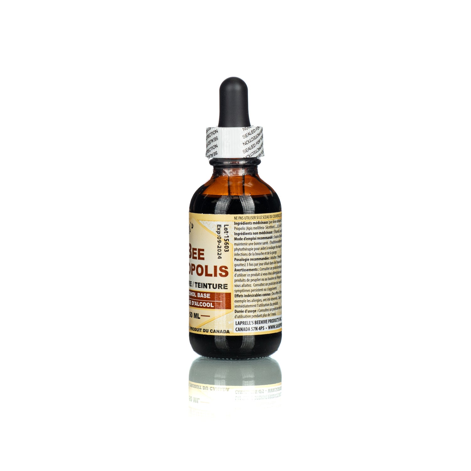 A 50ml bottle of Laprell's Bee Propolis tincture with a dropper on a white background