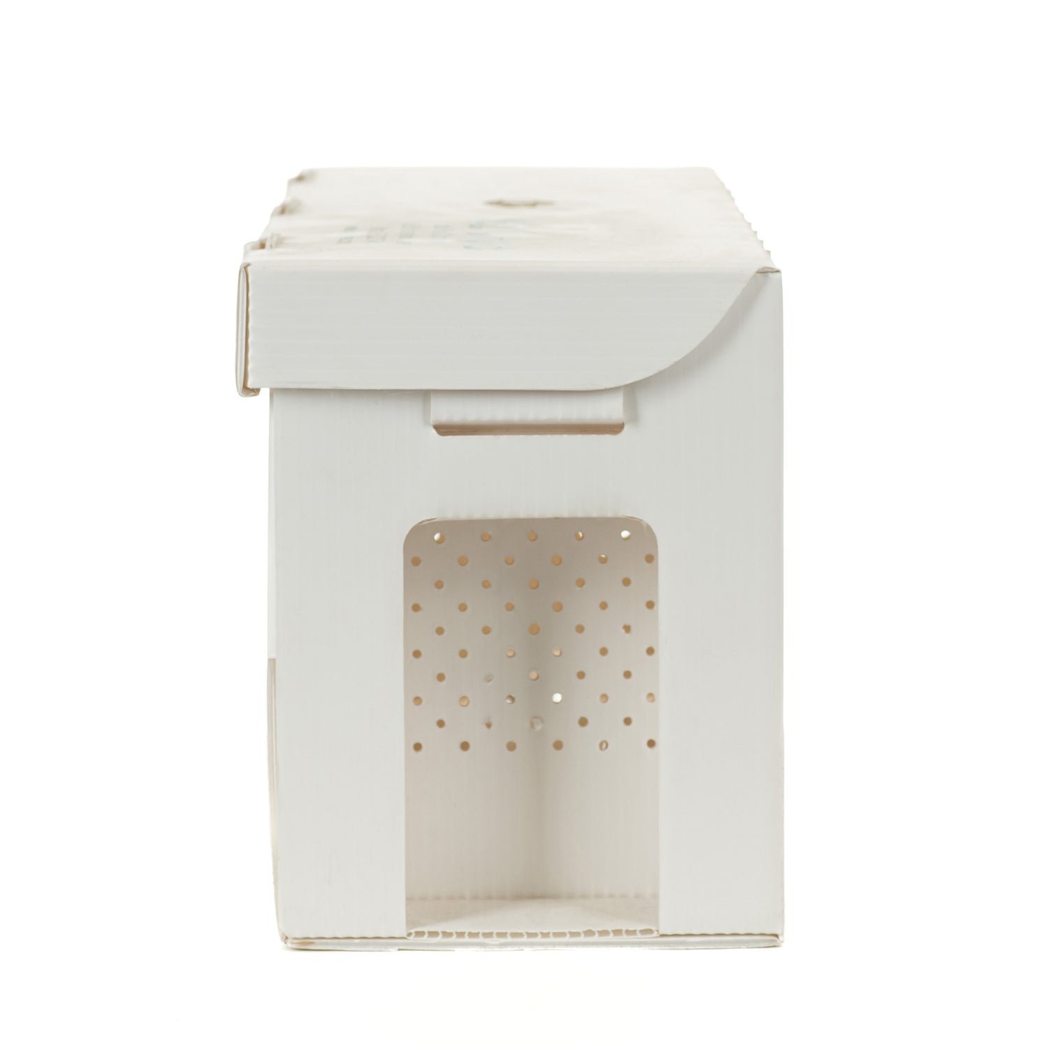 A white, corrugated plastic nuc box designed for beekeeping, with a simple open/close entrance and handholds.
