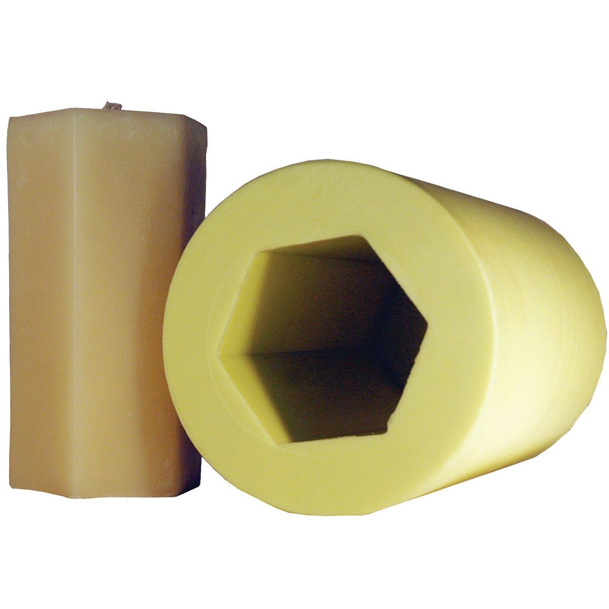 A beige-colored 6-sided pillar candle next to its corresponding yellow hexagon-imprinted mold on a white background