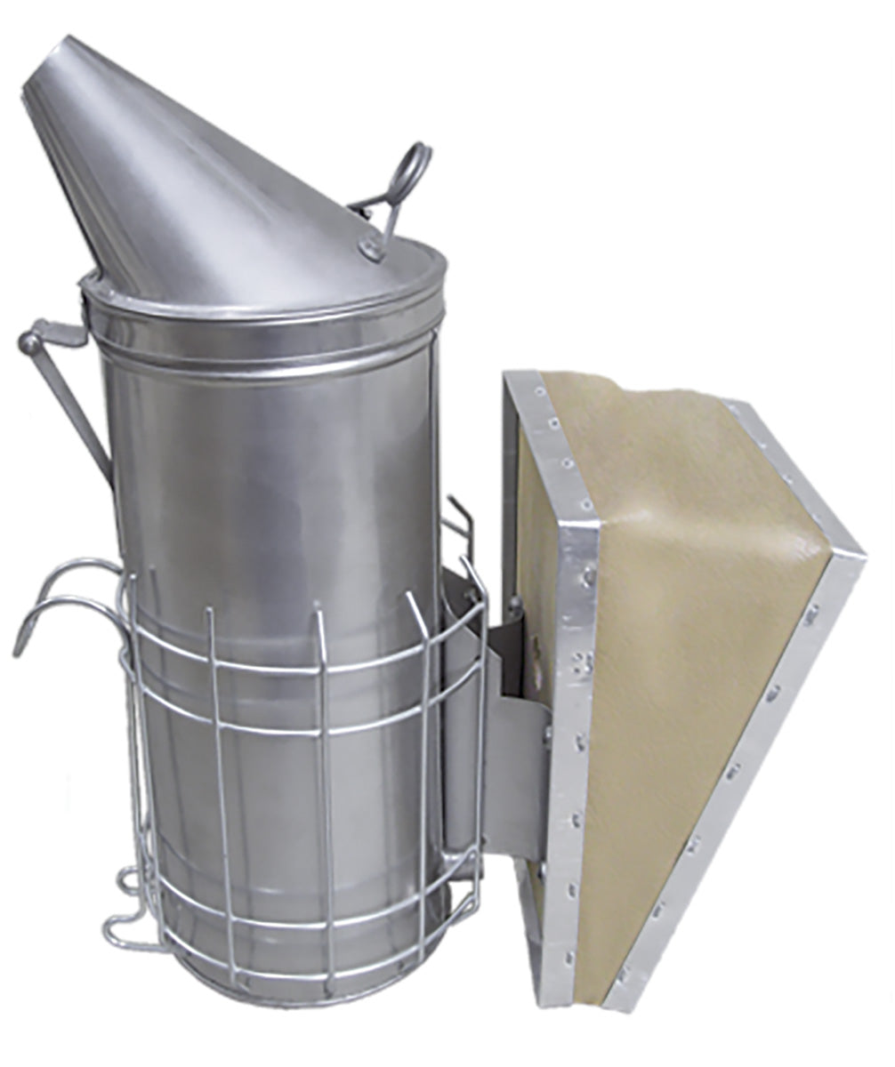 A stainless steel 10 inch Dadant smoker with a full-size vinyl bellows and a heat shield on a white background.