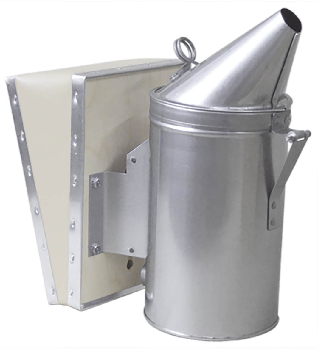 A stainless steel 7 inch Dadant smoker with a full-size vinyl bellows with no heat shield on a white background