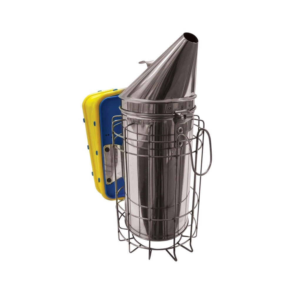 A stainless-steel 7-inch bee smoker with a conical top and a full-size plastic bellow attached to the side, featuring heat shield on a white background