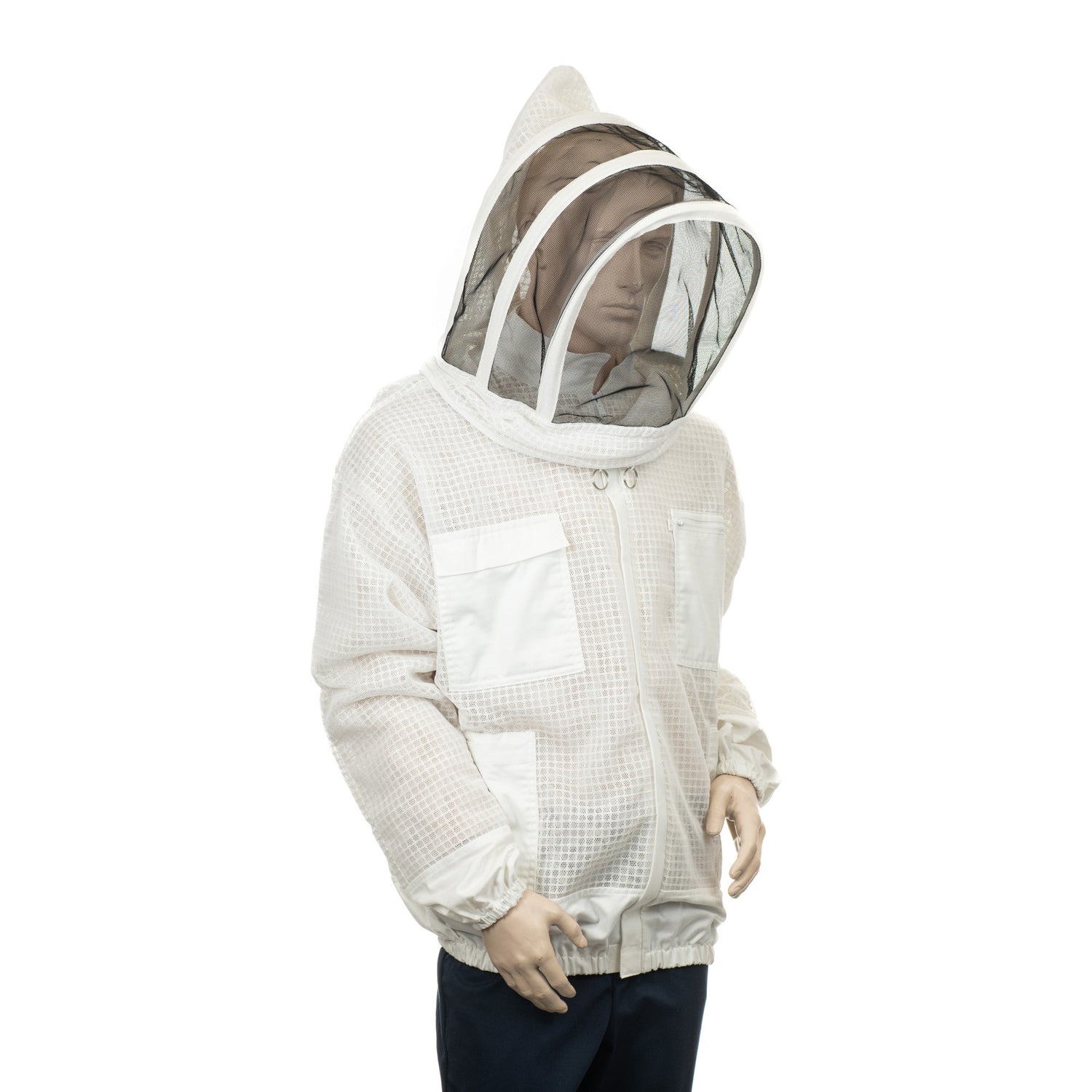A white ventilated jacket with a hood featuring a protective face veil, designed for beekeeping, displayed on a mannequin.