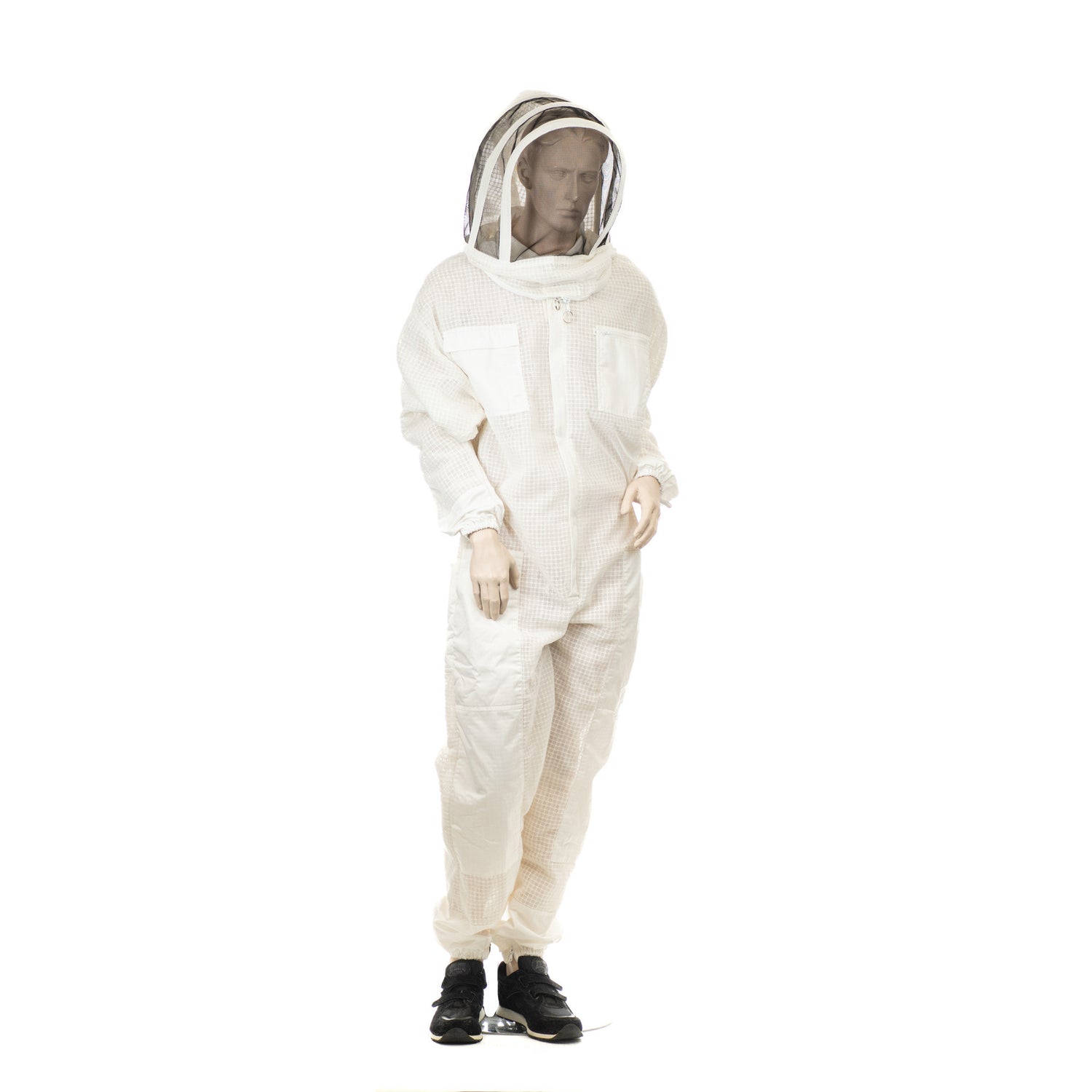 A mannequin wearing a white ventilated bee suit with a hood, standing against a white background.