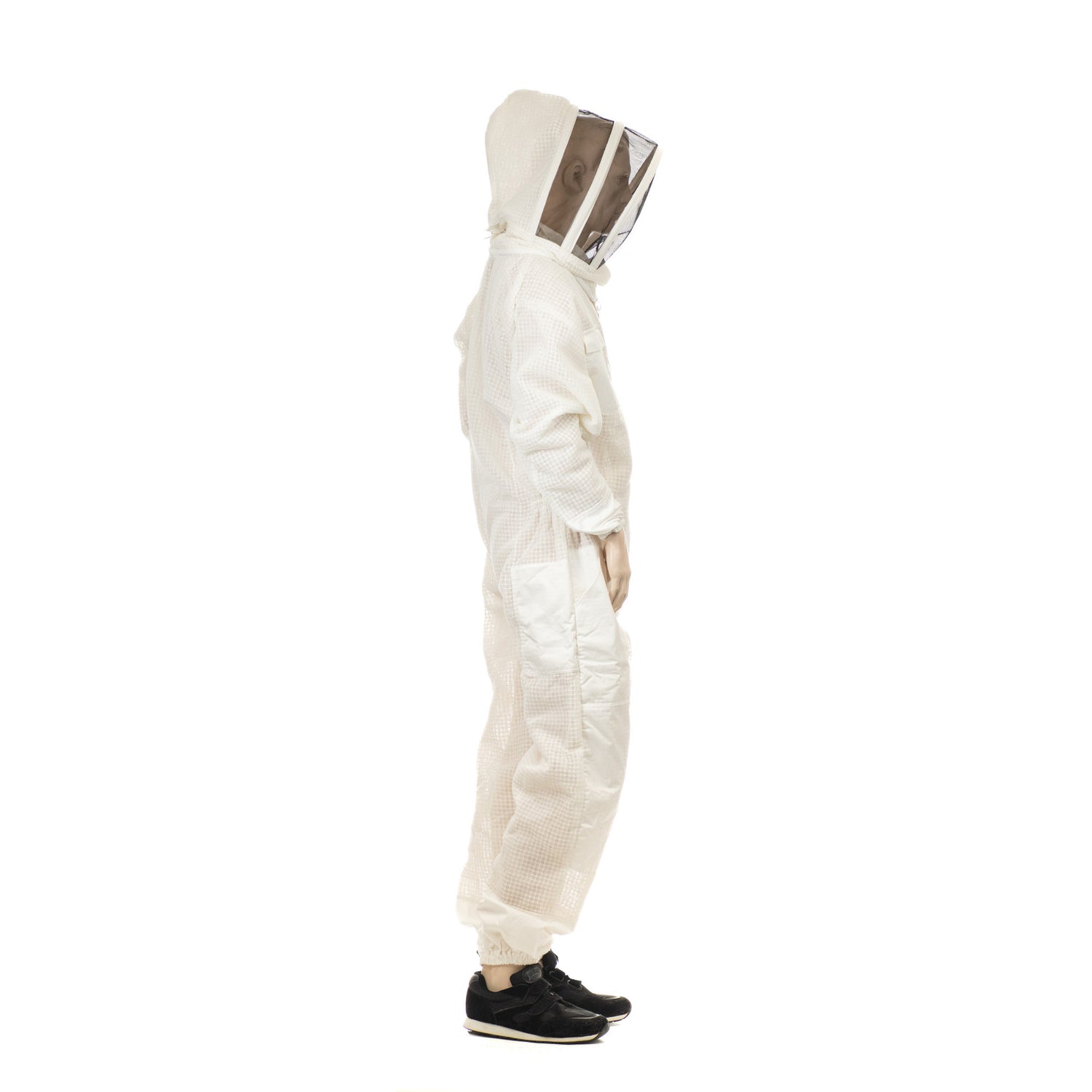 A mannequin wearing a white ventilated bee suit with a hood, standing against a white background.