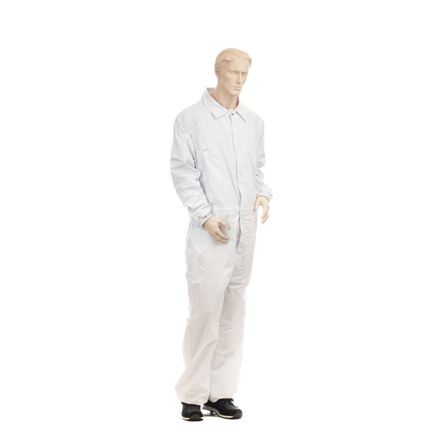 A mannequin wearing a white bee suit with long sleeves, designed for protection on a white background