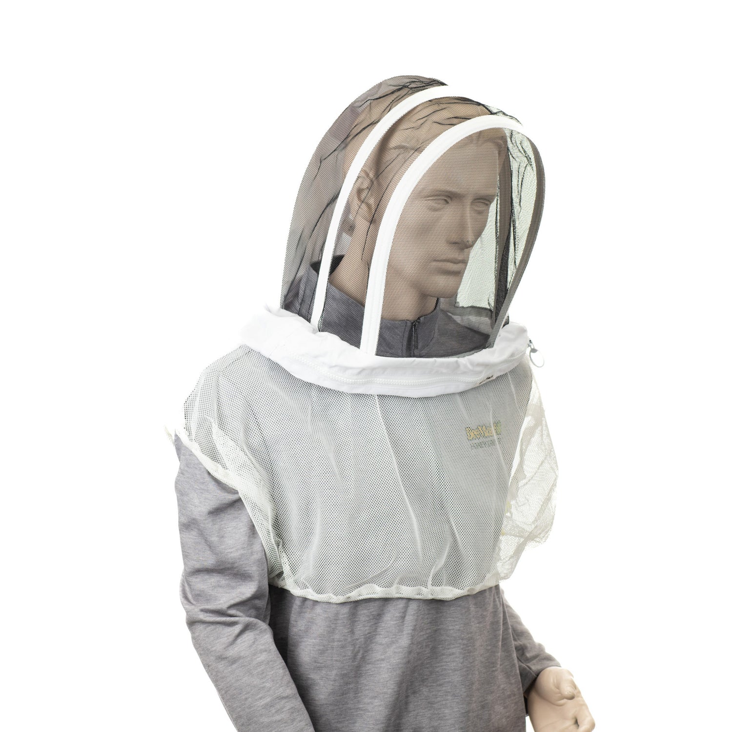 A mannequin wearing a white beekeeping veil and vest with a non-detachable hood, on a white background