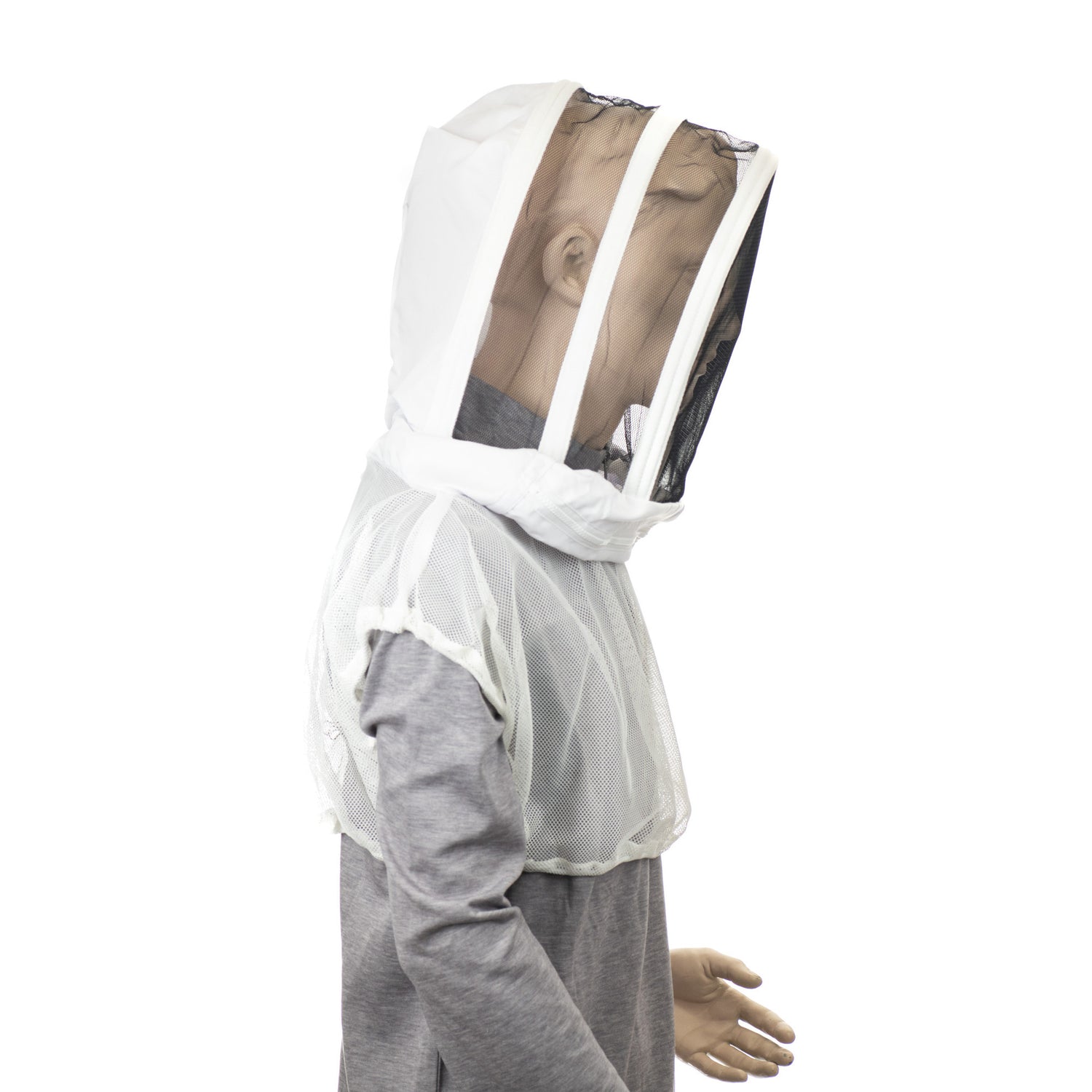 A mannequin wearing a white beekeeping veil and vest with a non-detachable hood, on a white background