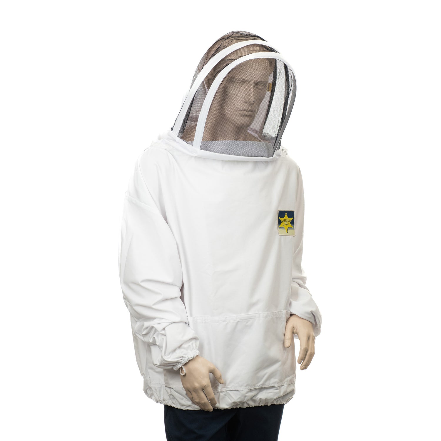 A white nylon beekeeping smock with a protective veil hood, featuring thumb loops, three pockets with Velcro fastenings, and an adjustable elasticated hem on a white background