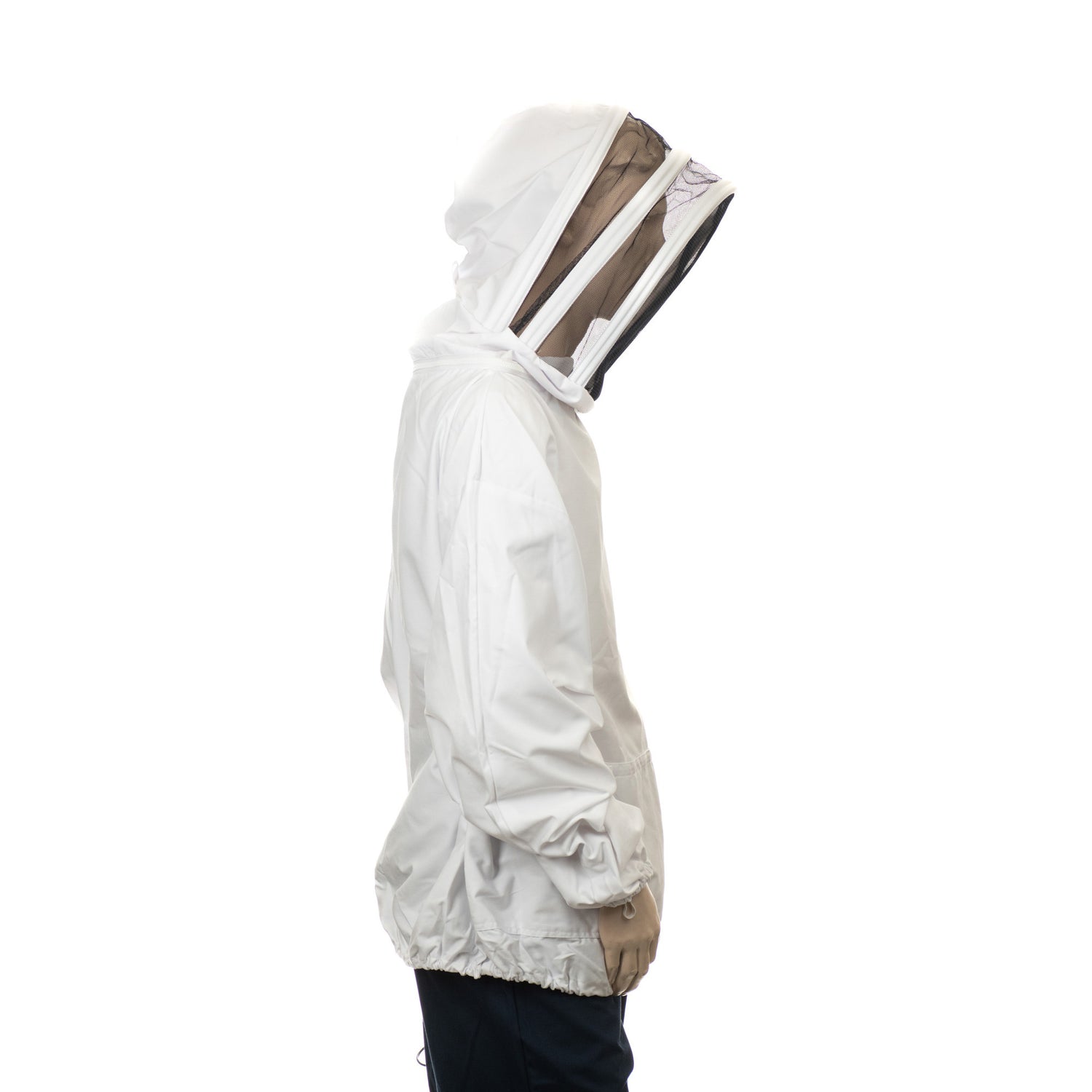 A white nylon beekeeping smock with a protective veil hood, featuring thumb loops, three pockets with Velcro fastenings, and an adjustable elasticated hem on a white background