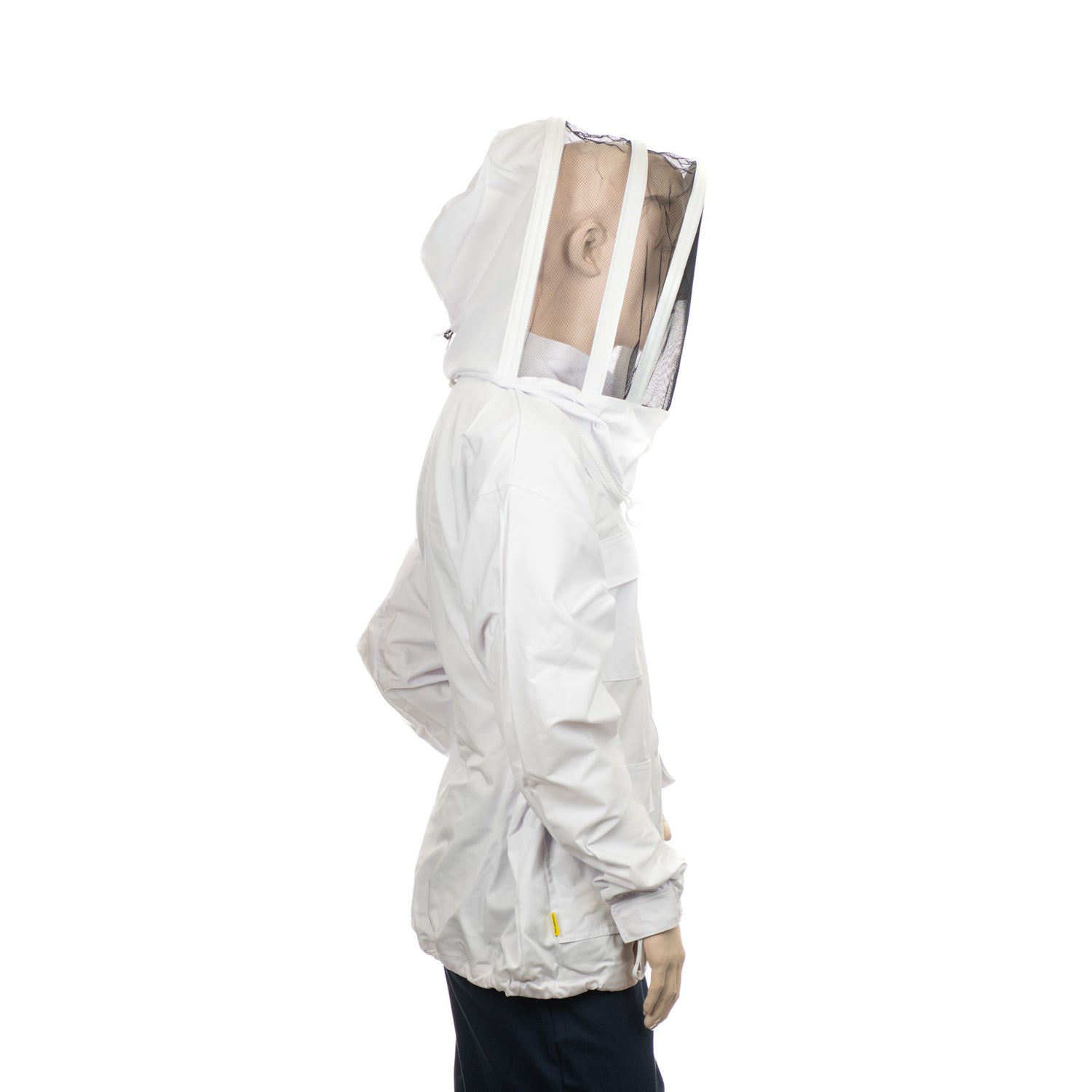 A mannequin wearing a white beekeeping jacket with a front zipper closure, elasticated hems, and a high-quality nylon veil on a white background